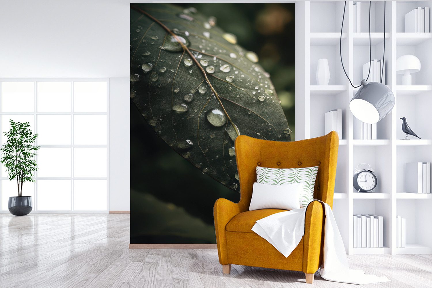 MuchoWow Fototapete Blatt - Grün - Venen - Regentropfen, Matt, bedruckt, Vliestapete für Wohnzimmer Schlafzimmer Küche, Fototapete, 180x280 cm