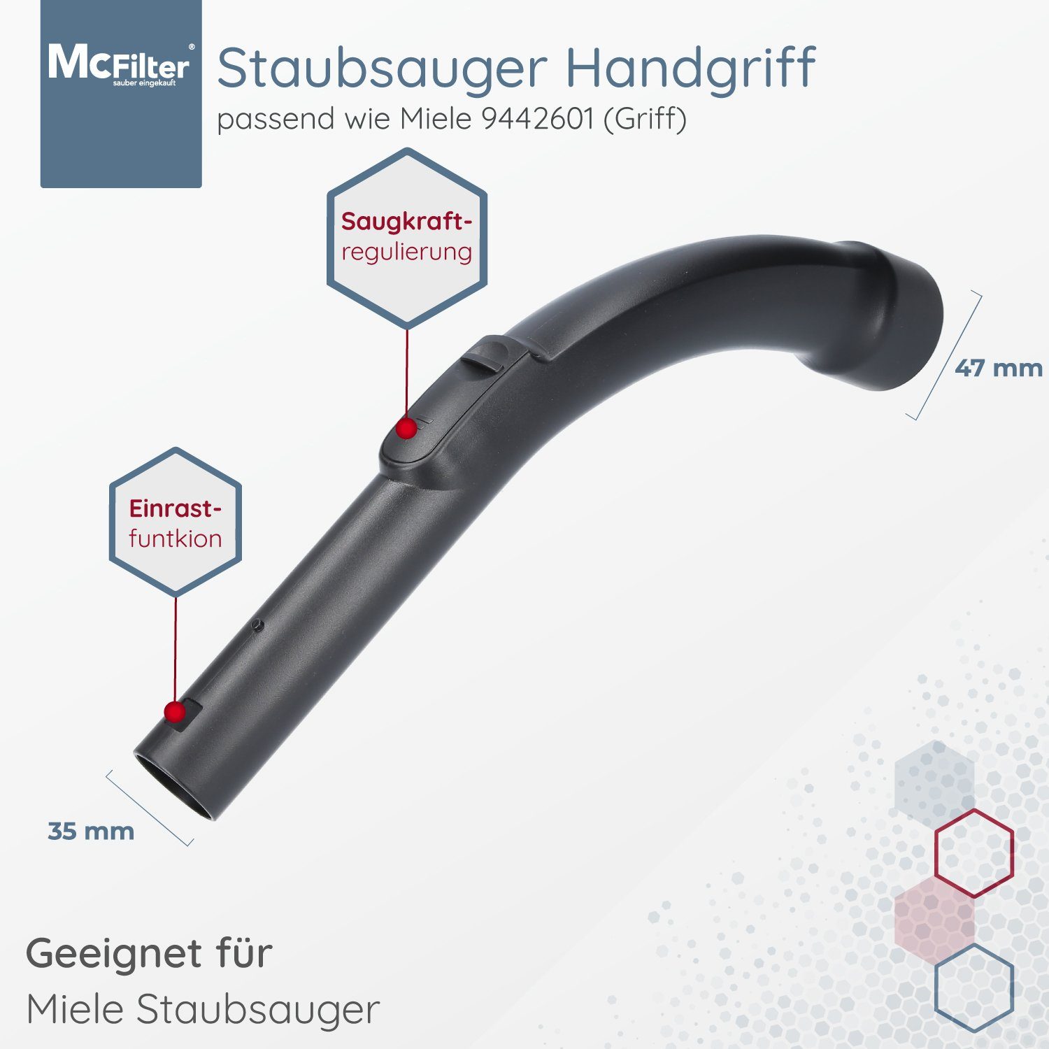 McFilter Staubsaugerrohr Handgriff, Ø 35mm, passend für Miele Comfort  Ecoline, ergonomisch geformt, mit Einrast-Funktion & Saugluftregulierung