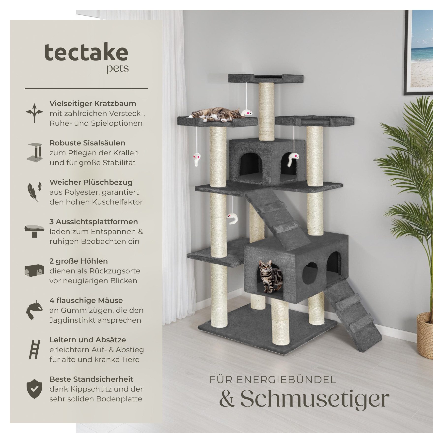 tectake Kratzbaum Katzenbaum Knuti 186 cm Diverse Farben (Grau), Vielseitig mit robusten Sisalstangen und Plüschoberfläche