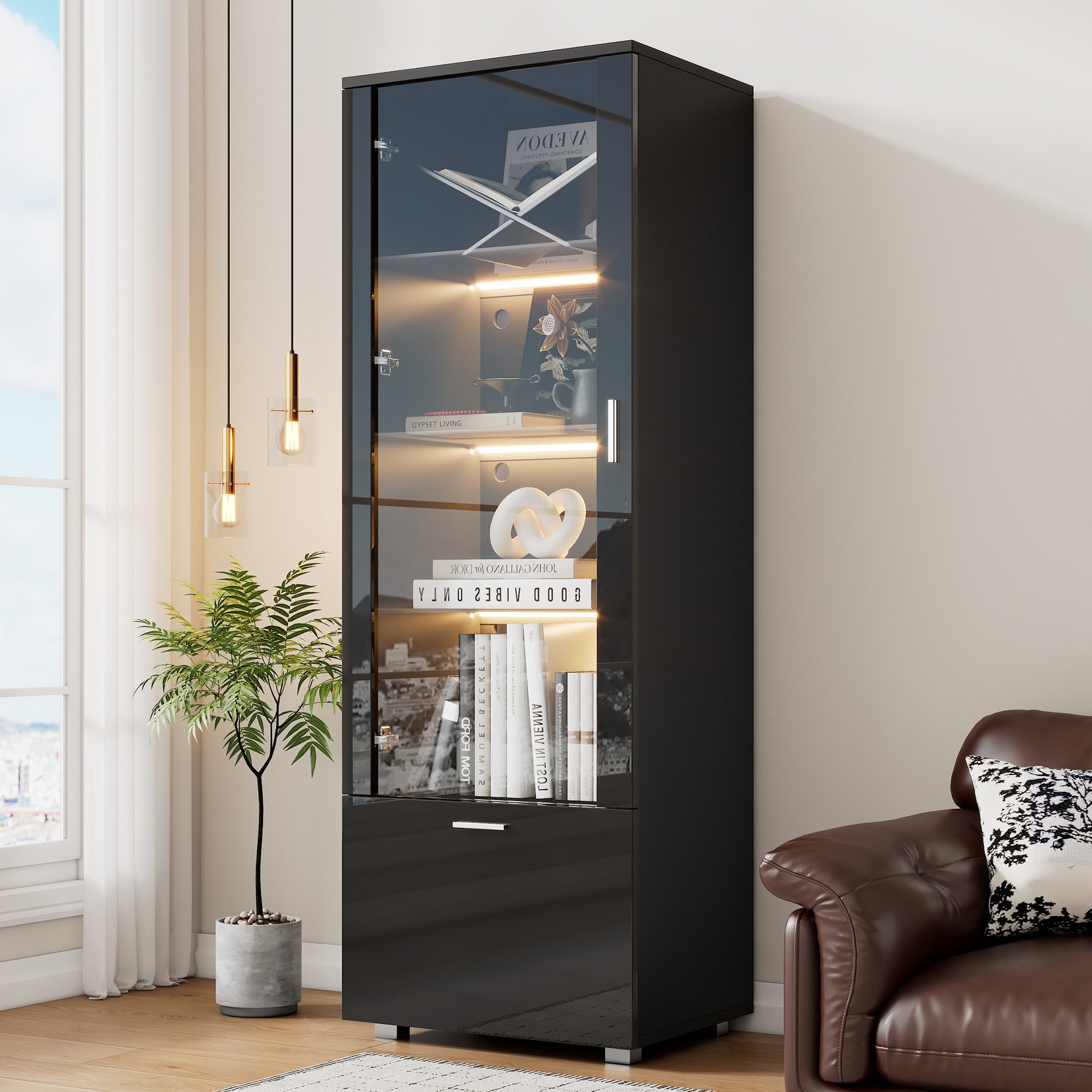 STILVORA Vitrine 160 Highboard Hochglanzvitrinen Sideboard mit LED-leuchten und Glastür (Glasvitrinen, Hochschrank, 1-St., 4 Ebenen, 1 Acrylglas-Tür, 3 Glasböden, 1 Schublade) mit LED-Beleuchtung und versteckter Schublade