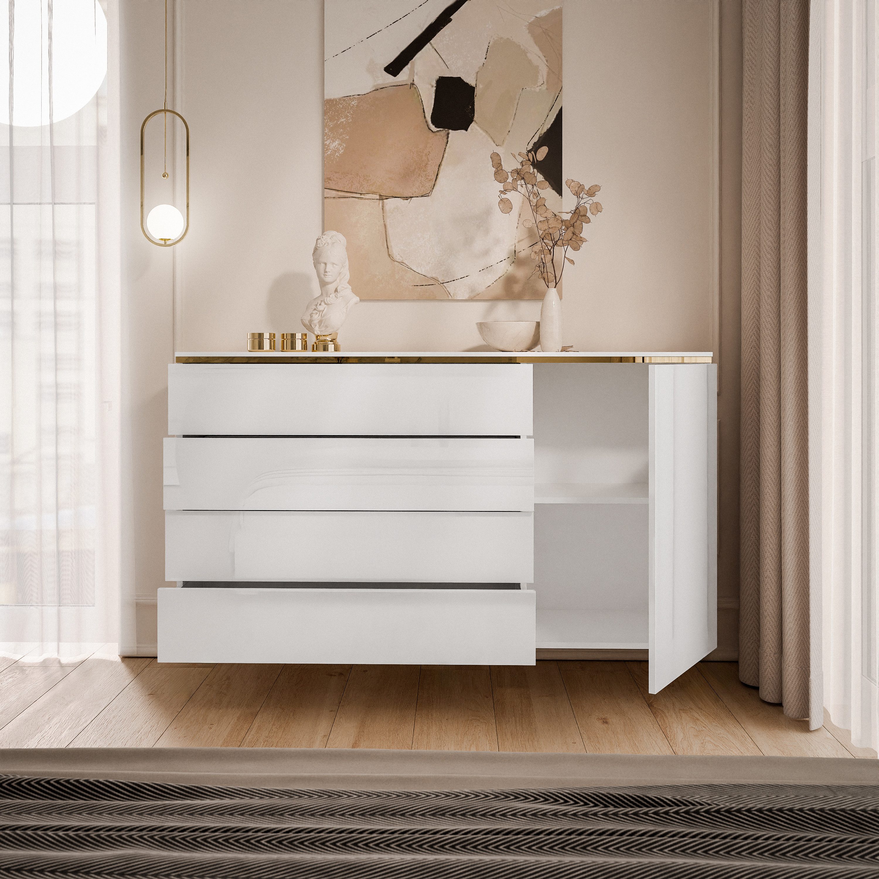 Lookway Kommode AURORA 4S1D weiß glänzend Anrichte mit Schubladen