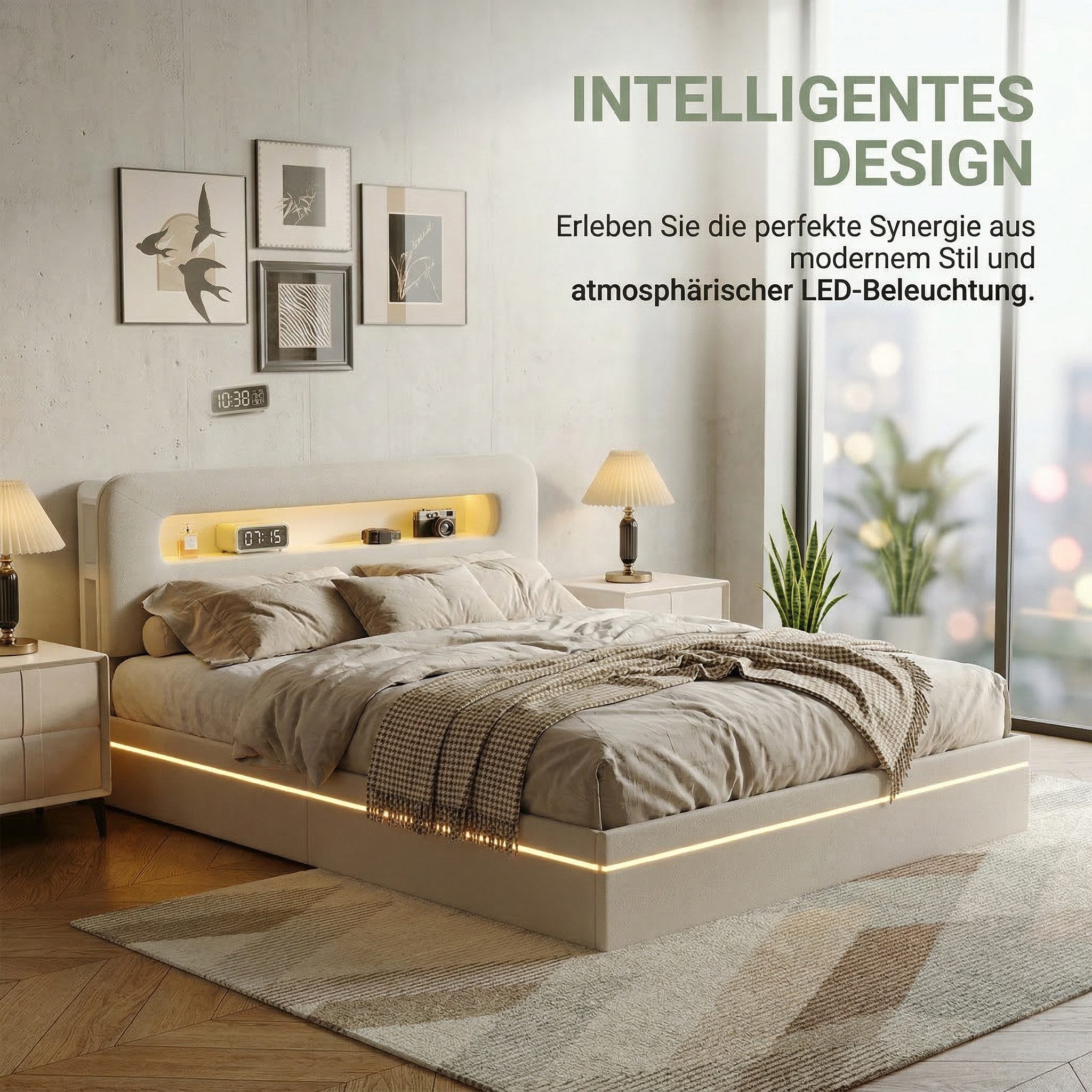 NMCXXO Polsterbett LED Doppelbett 140x200 cm (USB-Ladeanschluss), Bettkasten, Ladefunktion, Teddysamt, 140x200 – Bild 4 von 5