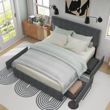 REDOM Polsterbett Doppelbett Bett mit 4 Schubladen und Federkernmatratze Leinen (140*200 cm mit Matratze, höhenverstellbares Kopfteil), Metalllattenstütze