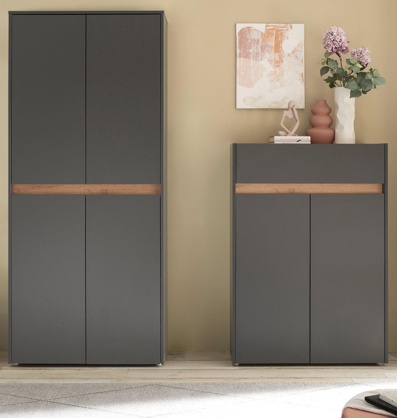 Furn.Design Garderoben-Set Center, (Kombination in grau mit Wotan Eiche, 2-St., Kommode und XXL Schuhschrank), 12 Fächer je 81 cm