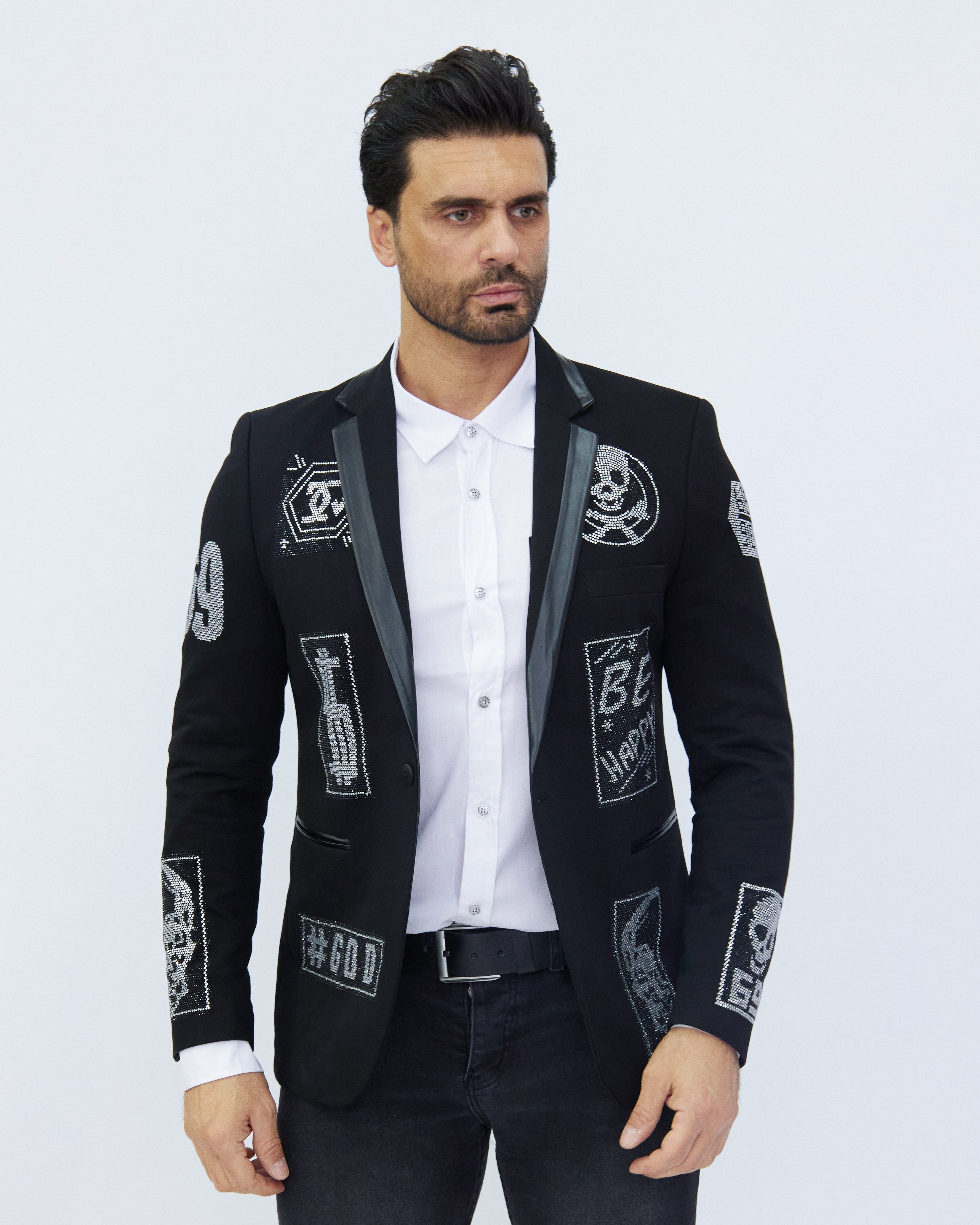 Denim Distriqt Sakko Rockiges Herren Sakkos mit extravagenten Strass Motiven Kunstleder Kragen