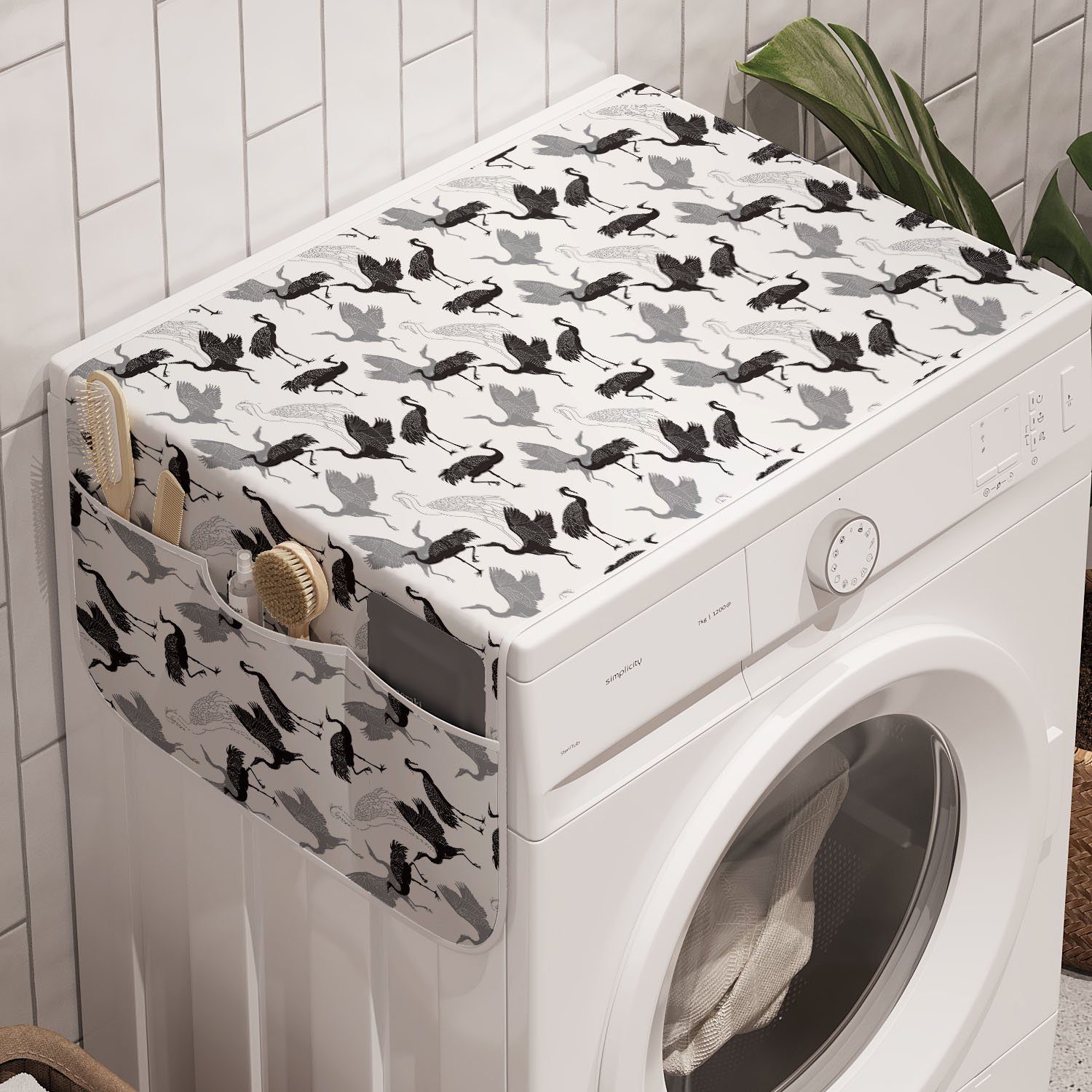 Abakuhaus Badorganizer Anti-Rutsch-Stoffabdeckung Waschmaschine Kran Silhouetten und Vögel für Grafik-Design Trockner