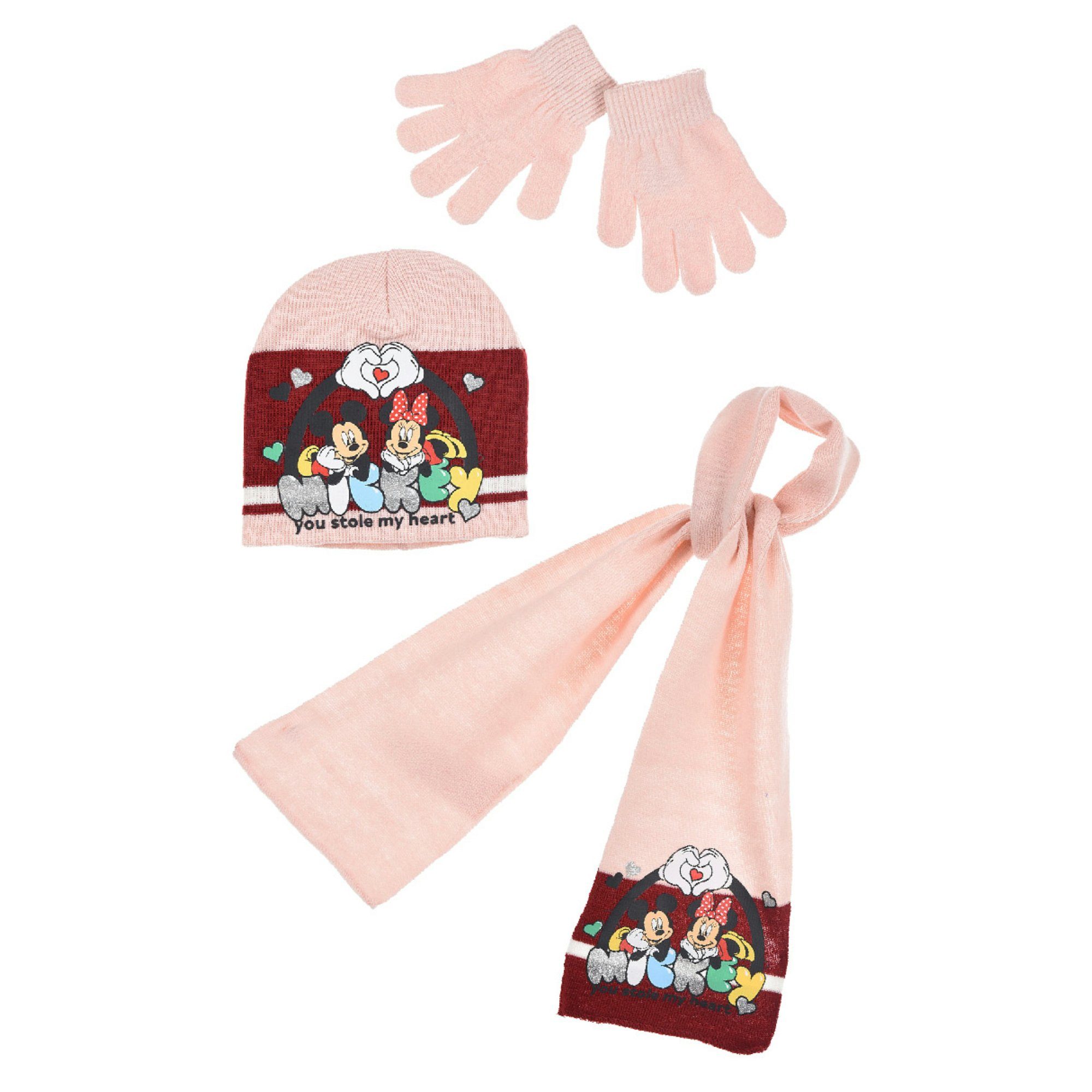Disney Kinder Rosa Disney Handschuhe Schal Maus 54 bis (3-St) Micky Minnie Ballonmütze 52 Gr. Wintermütze 3tlg.Set
