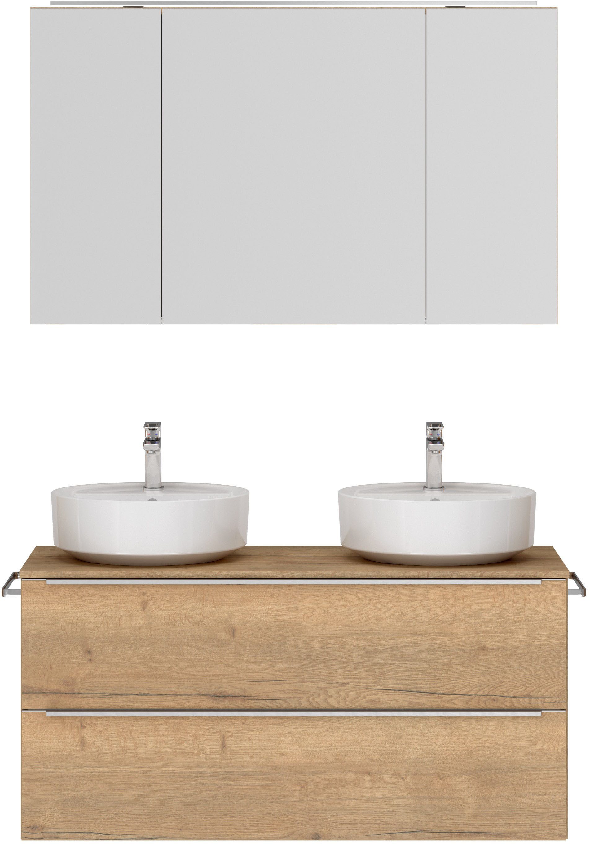 nobilia® Badmöbel-Set Alvene, (2-St., vormontiert, mit Soft-Close), inkl. Spiegelschrank mit Beleuchtung und Dimmerfunktion, in 4 Breiten