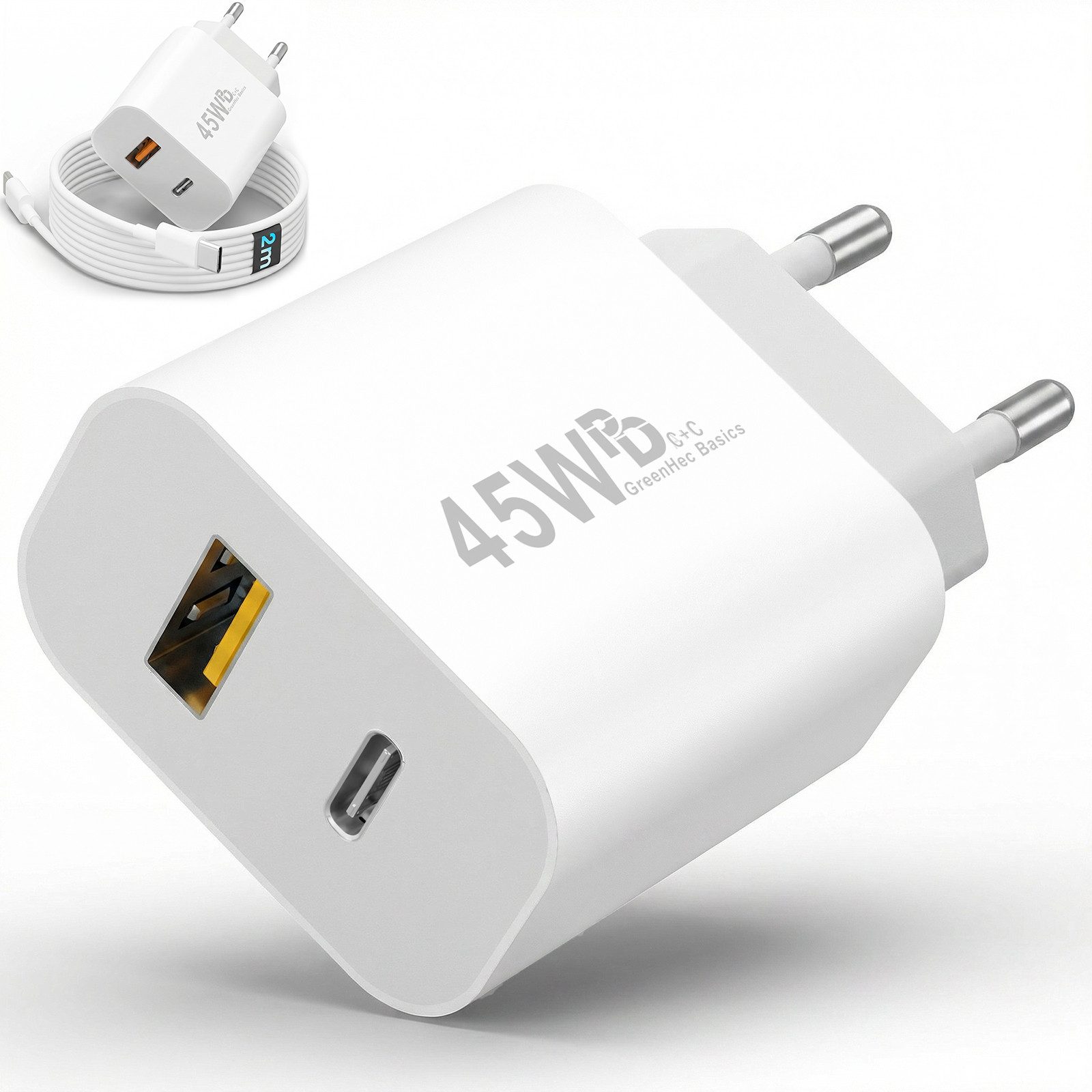 GreenHec 45w Schnellladegerät USB C Charger für Samsung S25 S24 S23 iPhone Schnelllade-Gerät (50 mA, Spar-Set, 45w USB-C + USB-A Dual Charger, Netzteil Stecker Adapter Tablet Handy Google Dual Doppel Ladegerät)