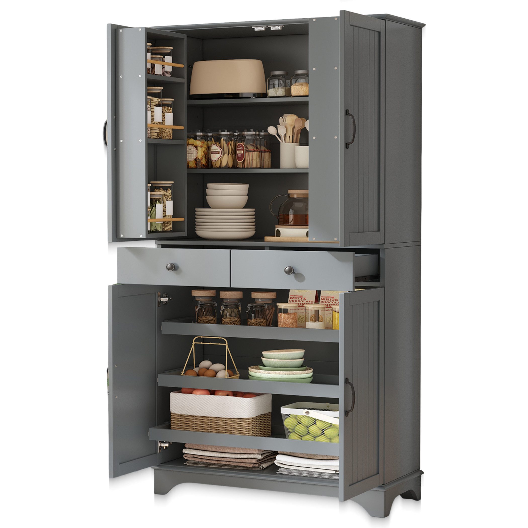 SeedWave Buffet 181cm Küchenschrank mit Verstellbaren Fächer, Ausziehbaren Tabletts Moderner Hochschrank mit Türablagen, 2 Schubladen