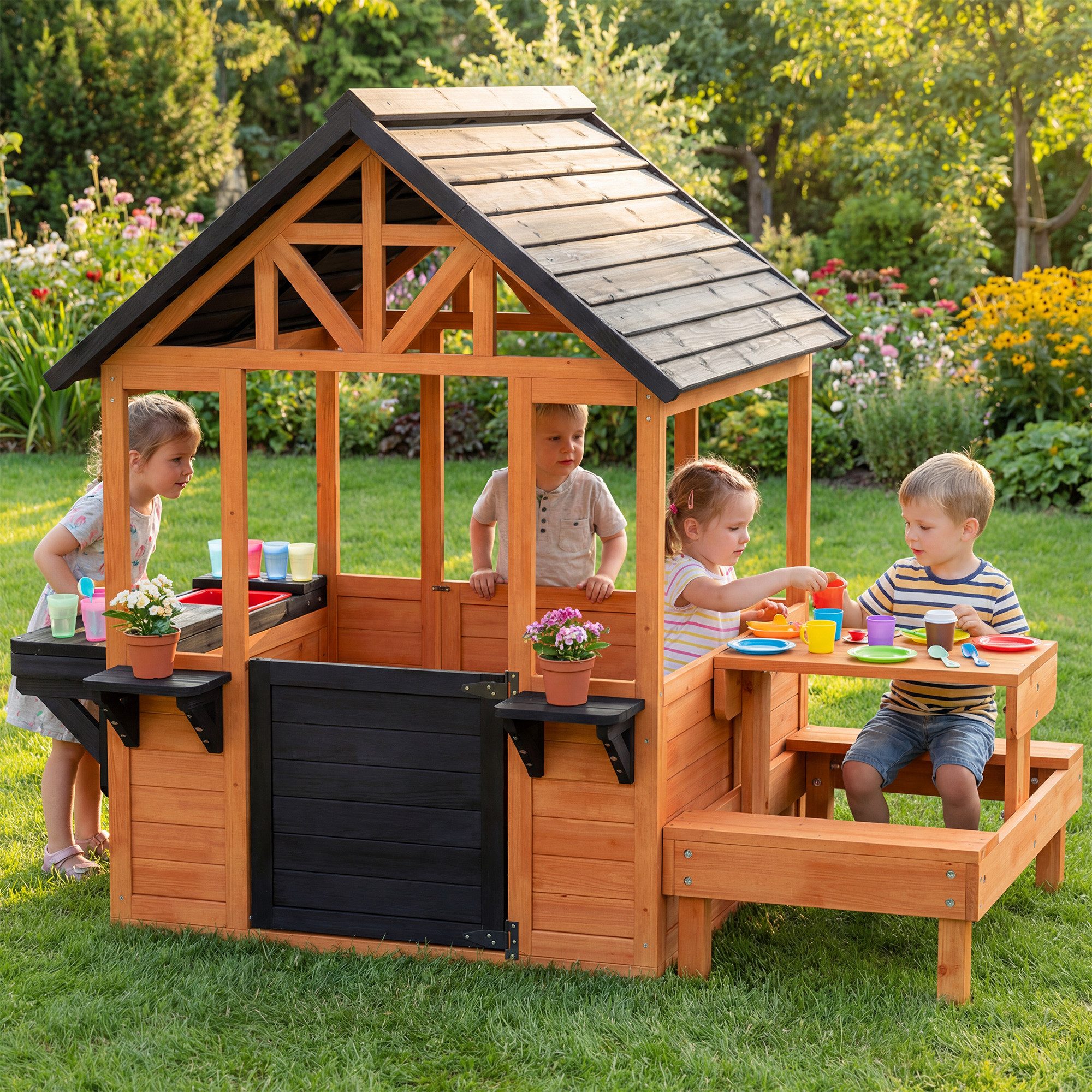 AIYAPLAY Spielhaus Gartenhaus aus Holz mit Tisch Bank Spülstation Fenster Tür, für Jungen und Mädchen 3-8 Jahre für Outdoor & Indoor Hellbraun