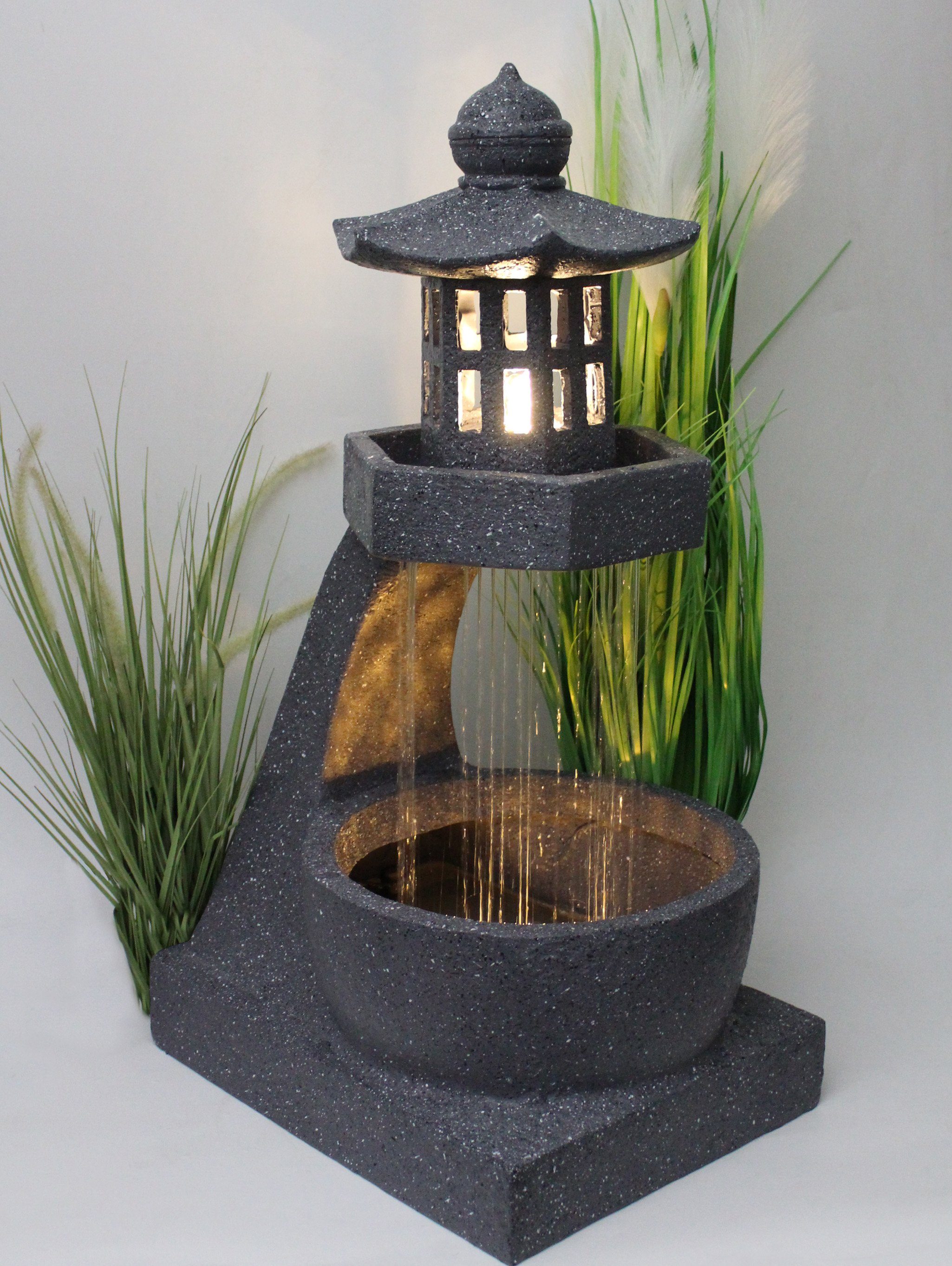 Arnusa Pagonden Gartenbrunnen mit Komplett-Set Laterne Warmweiß Beleuchtung Garten, Springbrunnen LED Japanischer mit