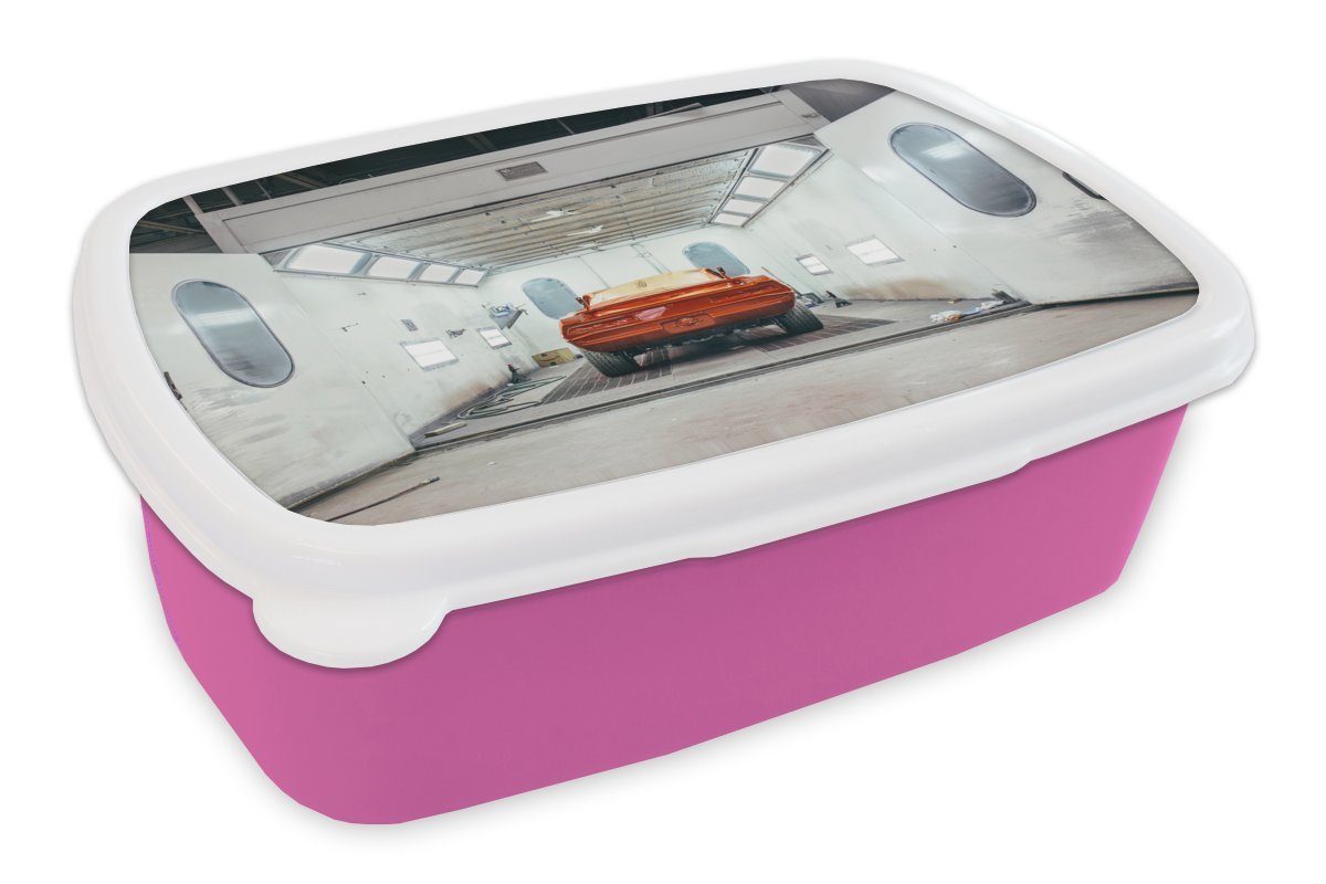 Auto Brotbox Kunststoff Autowaschanlage Erwachsene, Mädchen, MuchoWow Brotdose Lunchbox Rot, (2-tlg), für rosa Snackbox, - Kinder, Kunststoff, -