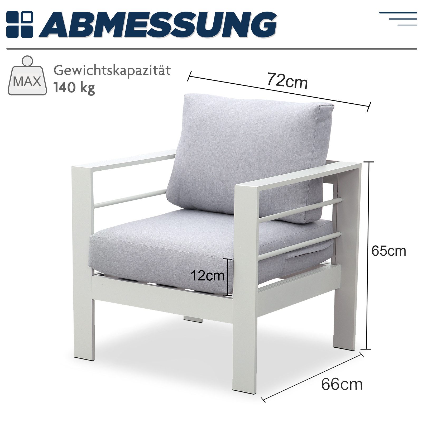 MeXo Gartensessel Relaxsessel outdoor 2 Sitzer Loungesessel Aluminium wetterfest (cremeweiß, harmonieren mit Licht bei Nacht, 2-St., Belastbarkeit pro Sitzplatz 140kg), 12cm Deluxe Relax-Sitzkissen, Balkonsessel für Balkon 2er-Set