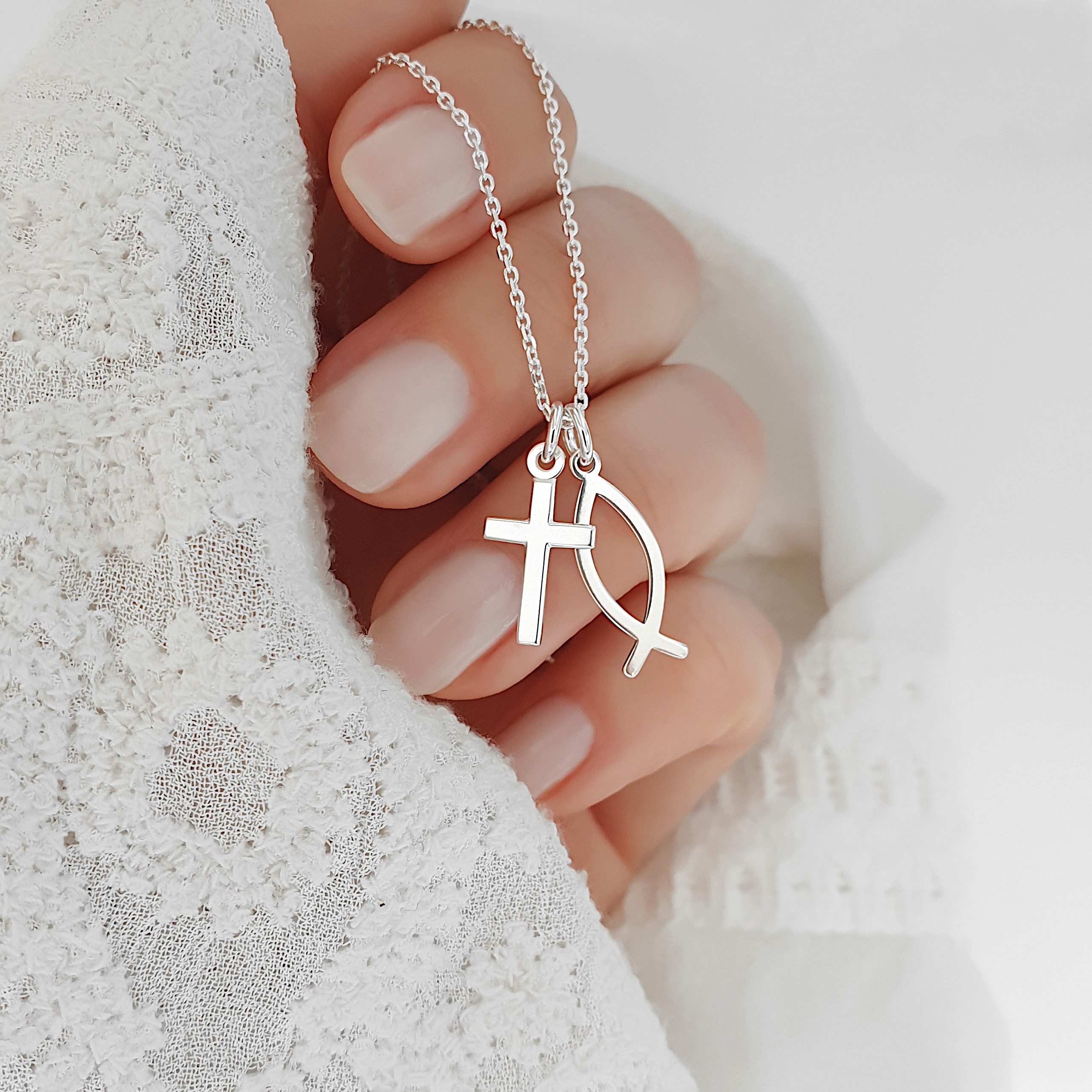 SCHOSCHON Kette mit Anhänger Kreuz ICHTHYS Fisch-Symbol 925 Silber Halskett günstig online kaufen