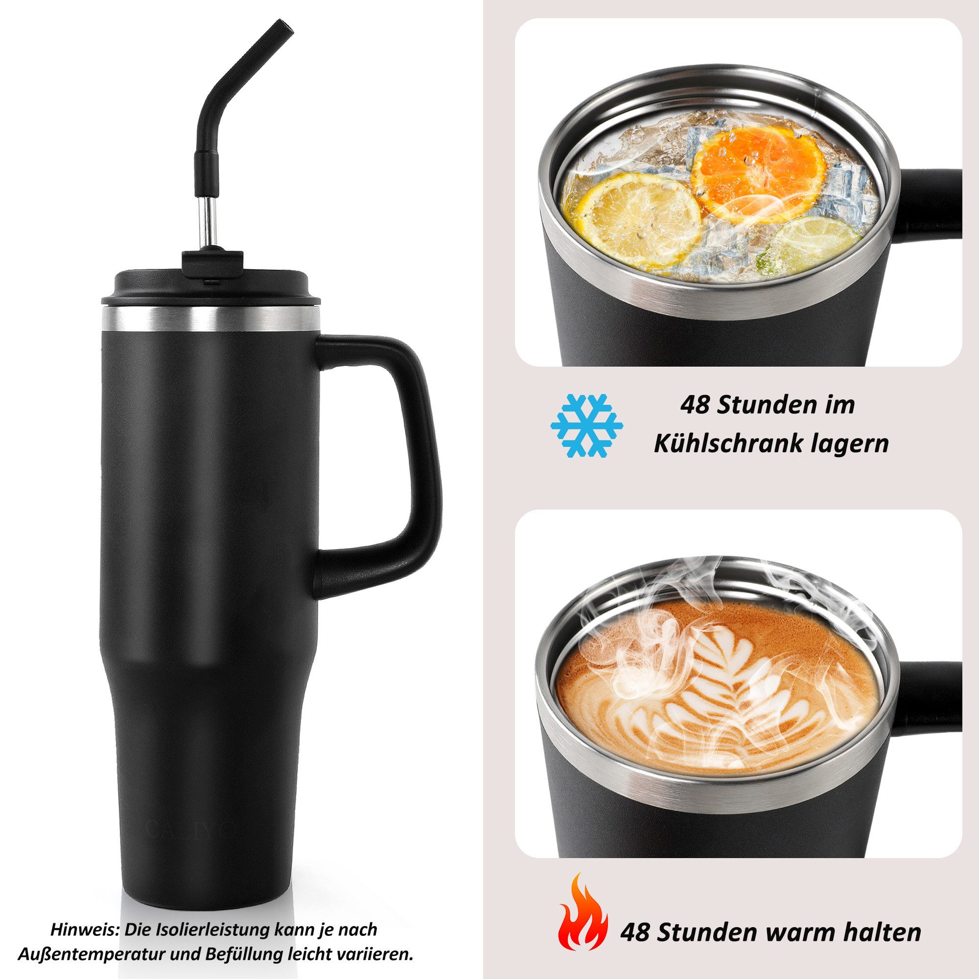 CALIYO Thermoflasche Thermobecher 1.2L Edelstahl BPA frei mit Strohhalm und Deckel, Langanhaltend kühl / warm spülmaschinenfest für Sport, Reisen