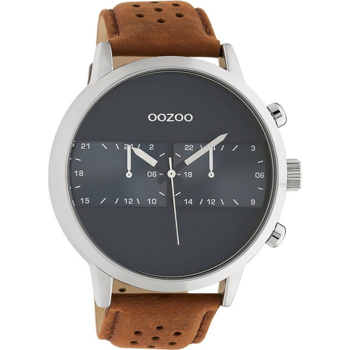OOZOO Quarzuhr Oozoo Herren Armbanduhr dunkelblau (Armbanduhr) Herrenuhr rund extra groß (ca. 50mm) Lederarmband Sport-Style