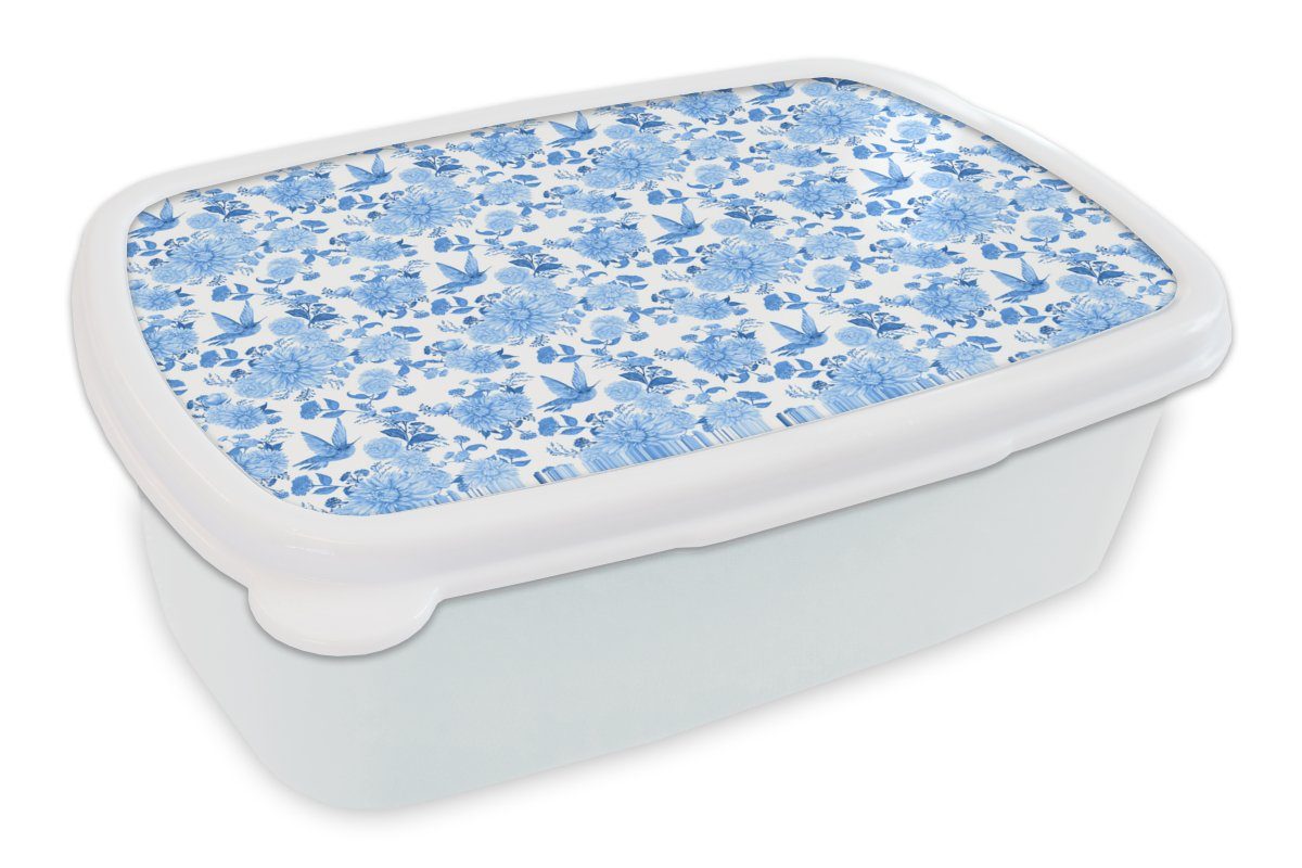 MuchoWow Lunchbox Blumen - Rosen - Blau - Muster, Kunststoff, (2-tlg), Brotbox für Kinder und Erwachsene, Brotdose, für Jungs und Mädchen weiß