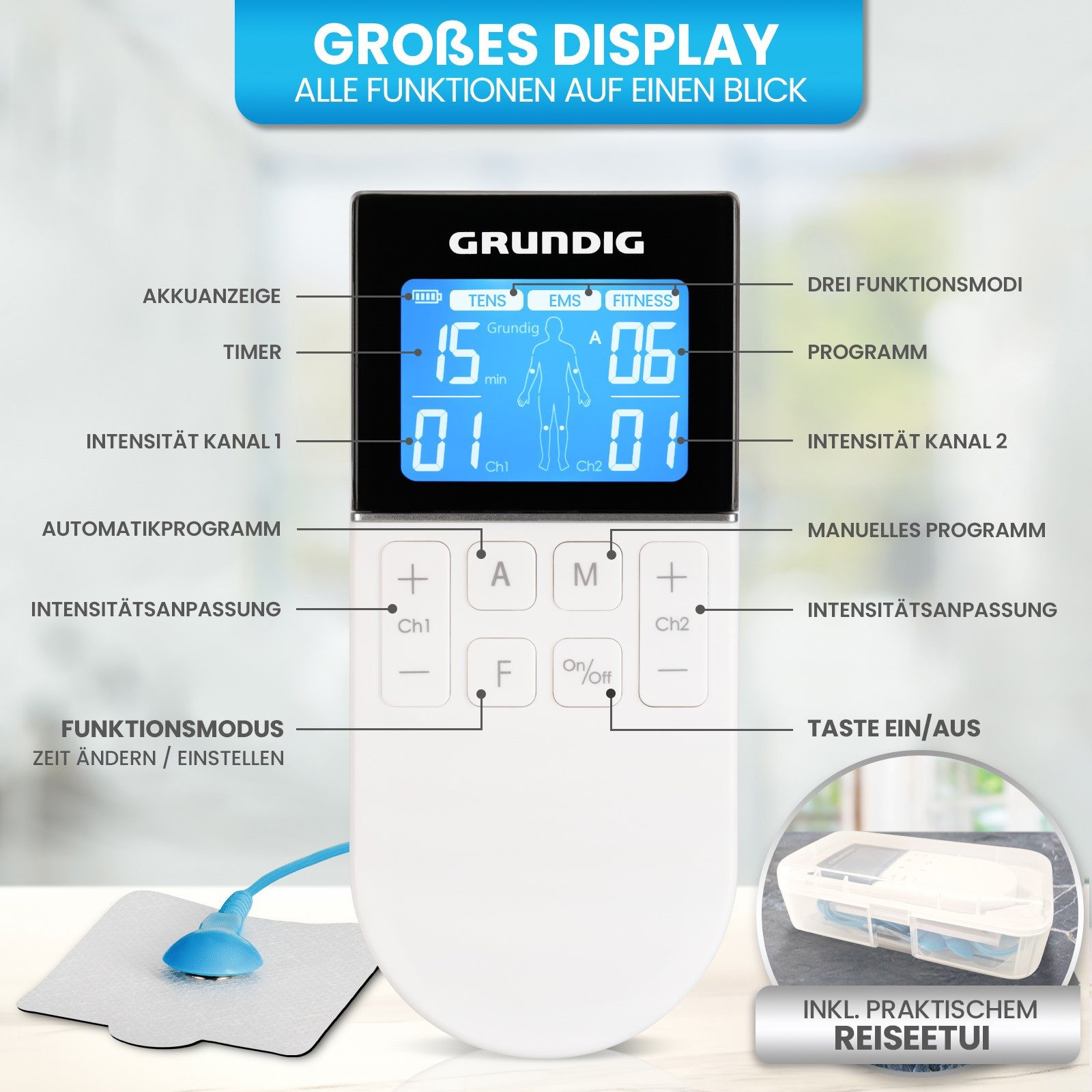 Grundig TENS-EMS-Gerät Tens-Gerät Schmerztherapie Reizstrom, Reizstrom Medizinprodukt mit 50 Programmen und 16 Intensitätsstufen