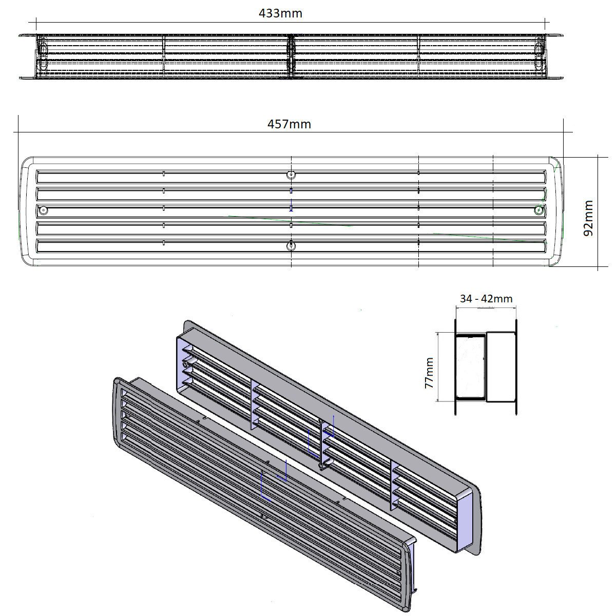 MS Beschläge Lüftungsgitter Kunststoff Türgitter 457x92mm Belüftungsgitter