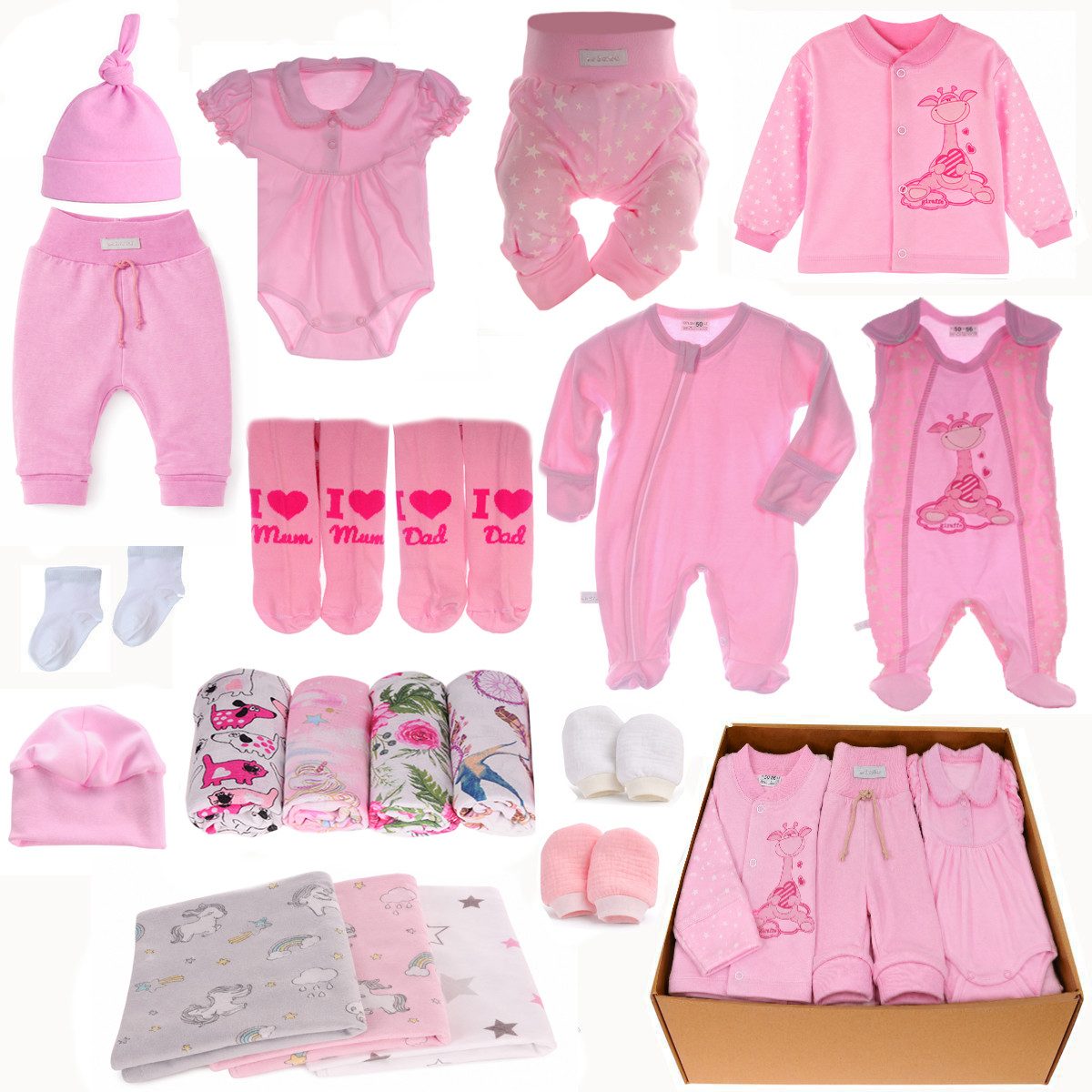 La Bortini Erstausstattungspaket Geschenk Set für Neugeborene 20Tlg in Rosa Paket Erstlingsset (Strumpfhose, Hose, Mullwindeln, Spucktücher, Hemdchen, Strumpfhose, Bodys, Strampler, Overall, Mützen, Socken) aus Baumwolle, 44 50 56 62 68 74