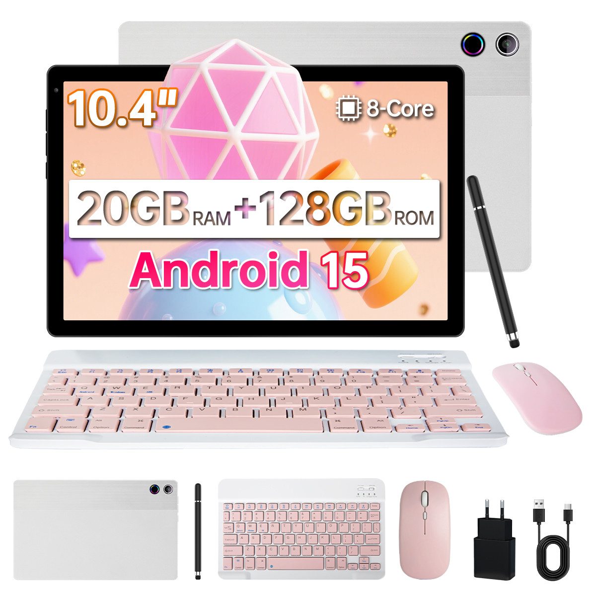 Happybe 10,4’’ Android, 128GB, HD 1280x800, Widevine L1, 5G/2,4G WiFi, 5000mAh Tablet (10,4", 128 GB, Android, WiFi 6, Android 15, Octa-Core-Prozessor, mit Tastatur/Maus/Stift)