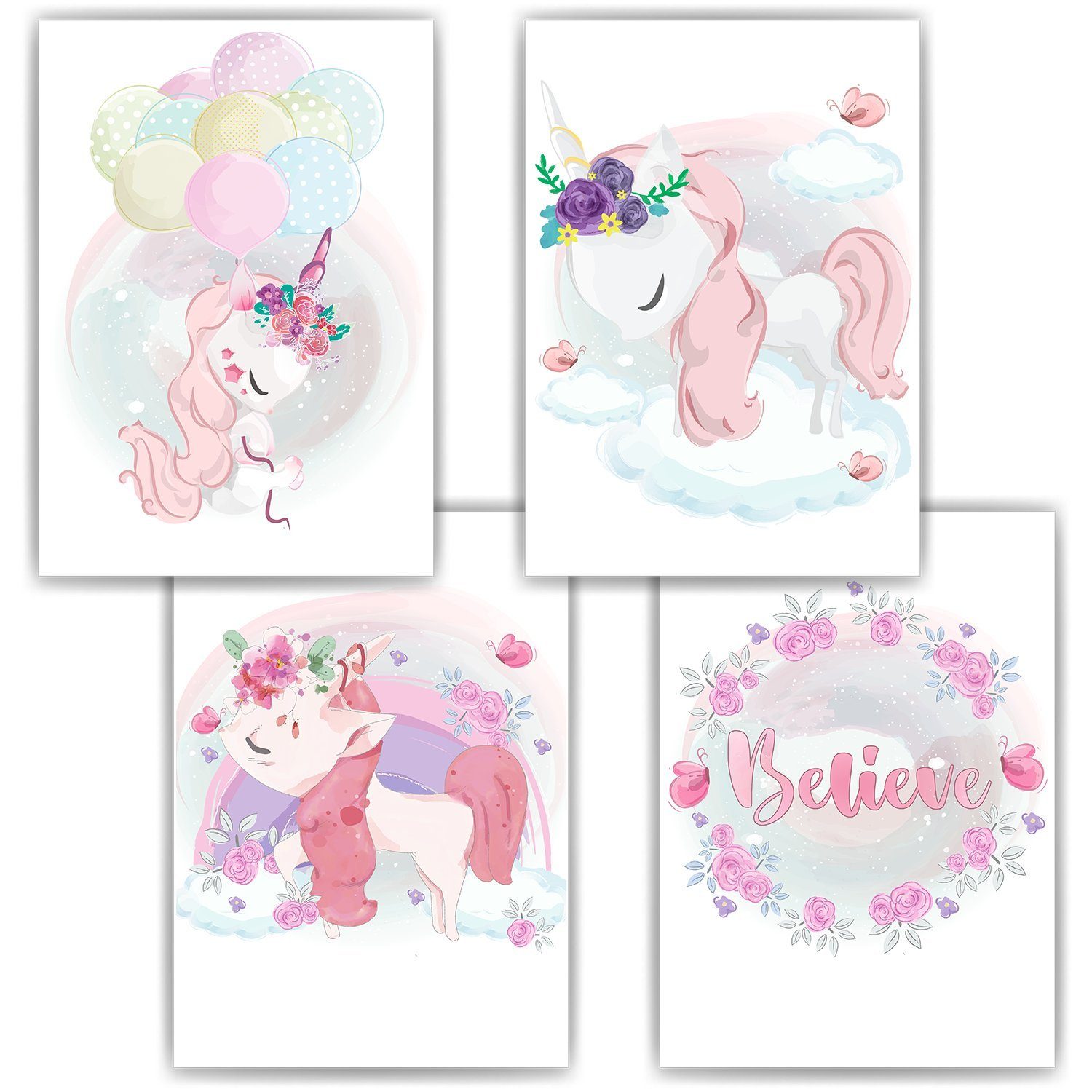 Tigerlino Poster Einhorn Regenbogen 4er Set Kinderzimmer Wandbilder Dekoration