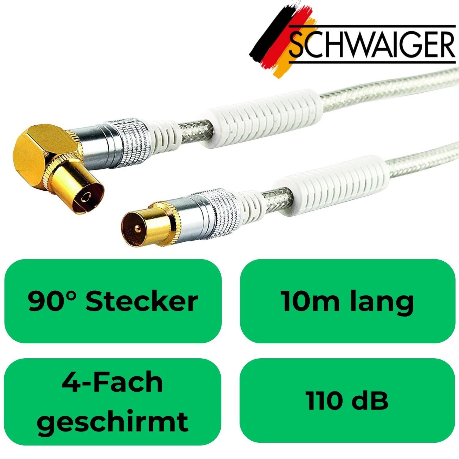 Schwaiger HQ 10m Antennen-Kabel 110db Koaxial-Kabel IEC Video-Kabel, Koaxial, Koaxial (1000 cm), Koax-Kabel Full HD TV 8K 4K UHD HD+ HDR 110 db Ferrit-Filter