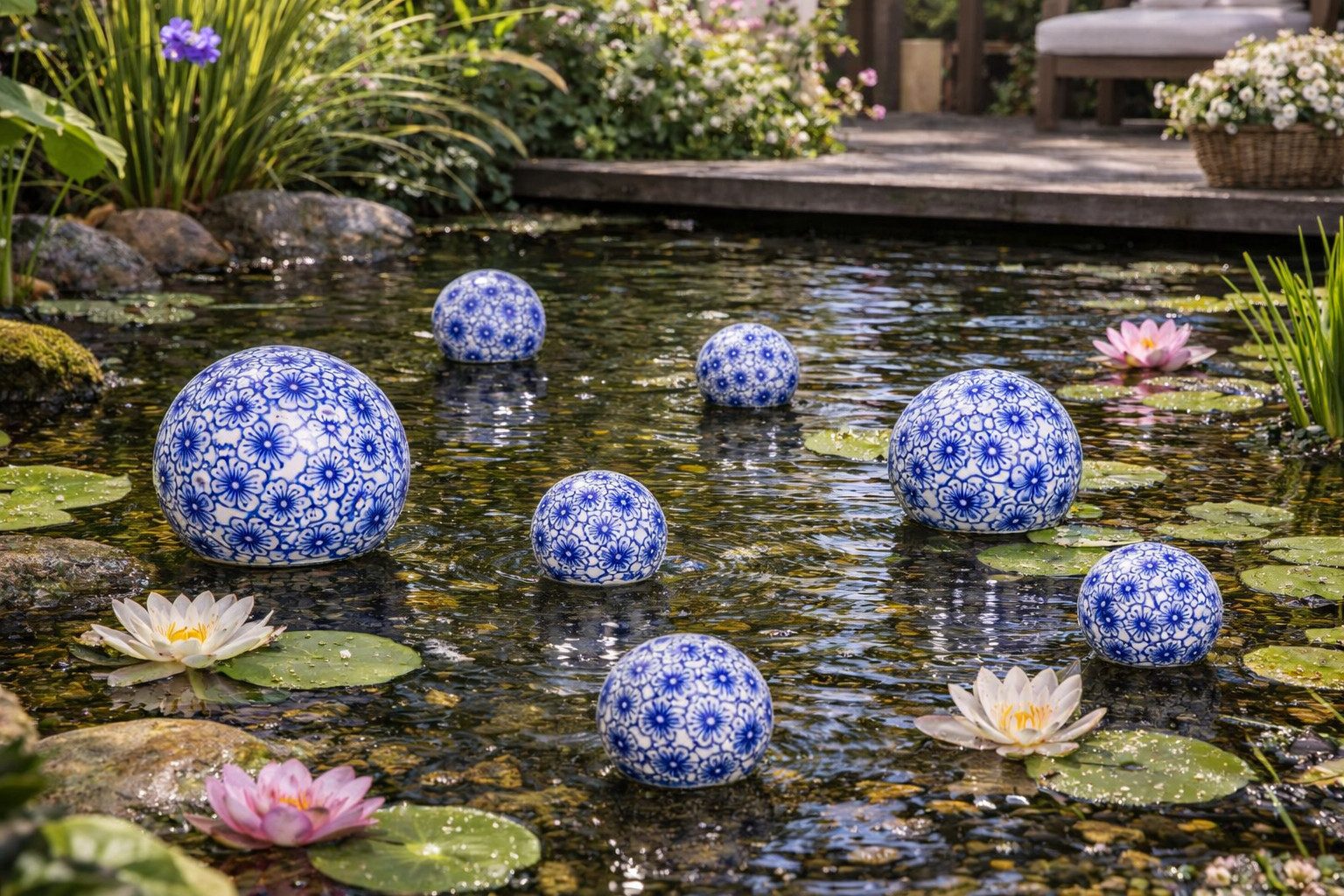 finehomegarden Teichfigur Schwimmkugel blau/weiß Ø4cm/Ø6cm/Ø7,5cm Blüten Porzellan Deko, (Set), Schwimmende Kugeln für Teich, Brunnen & Wasserschalen 3Größen wä – Bild 5 von 5