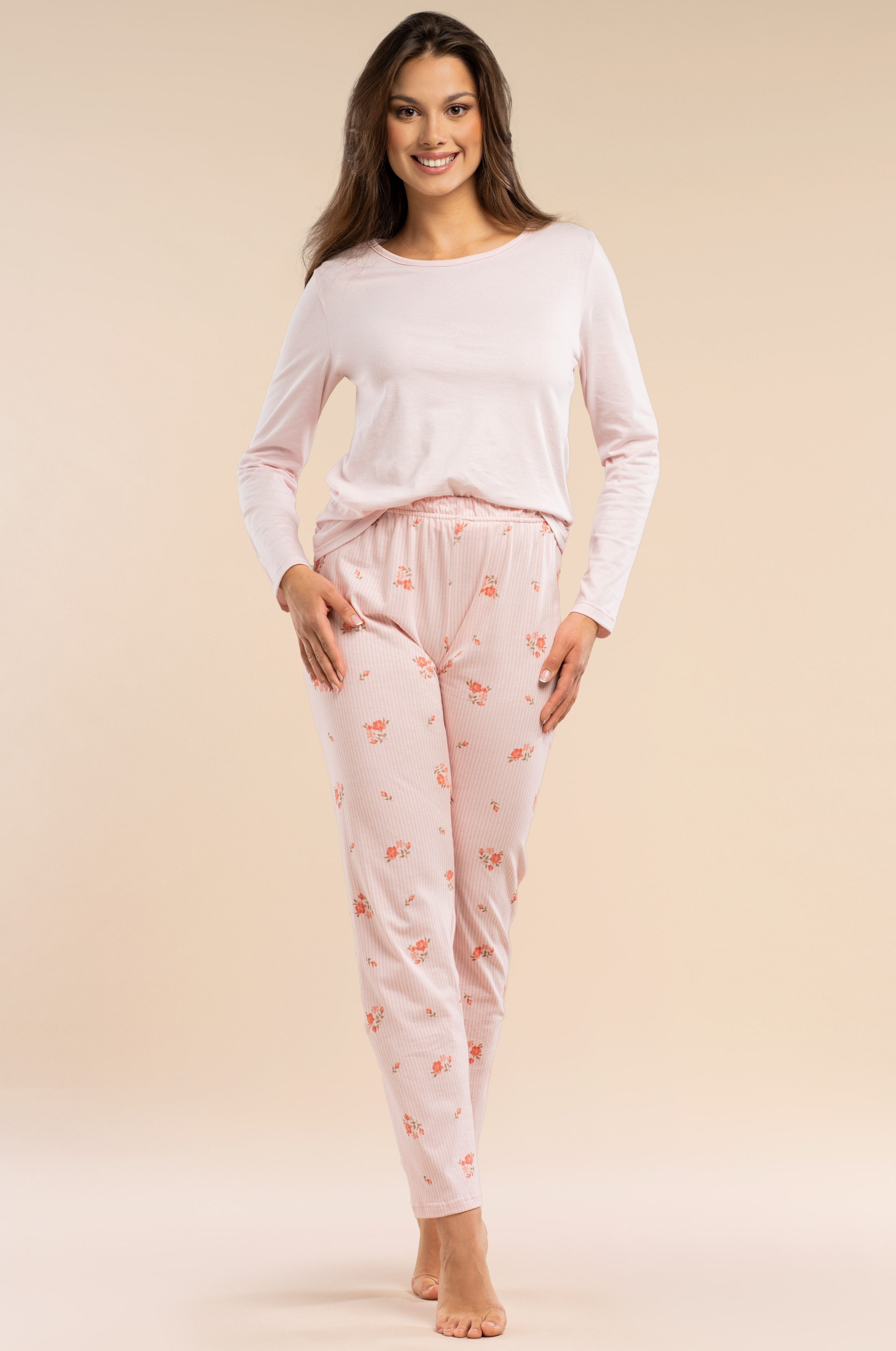 Mademoiselle Sommeil Pyjama Damen Schlafanzug mit Langarmshirt & langer Hose mit floralen Streifen (2 tlg) aus 100% Baumwolle, hautfreundlich & atmungsaktiv