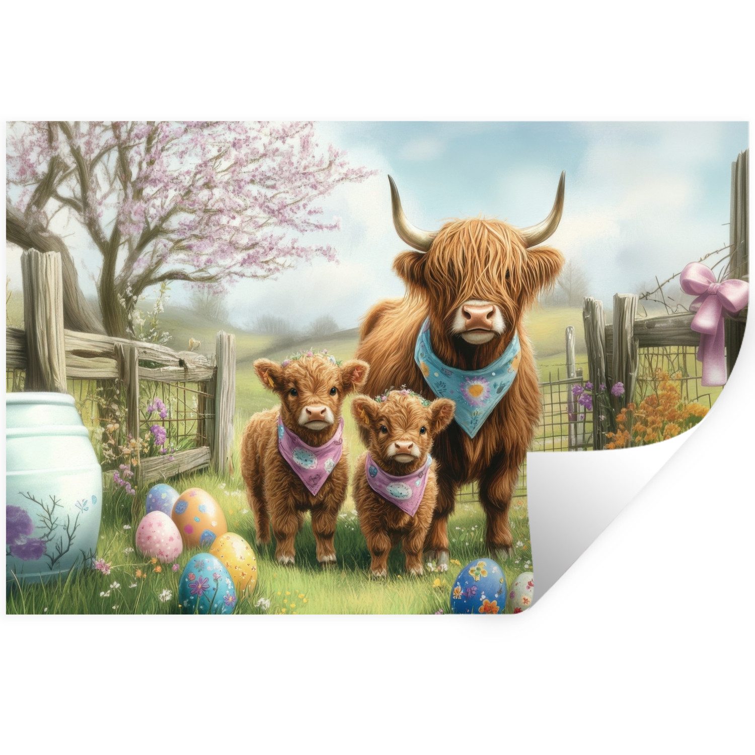 MuchoWow Wandsticker Schottische Highlander - Ostereier - Frühling (1 St), Wanddeko, Aufkleber, Wandtattoo, 120x80 cm
