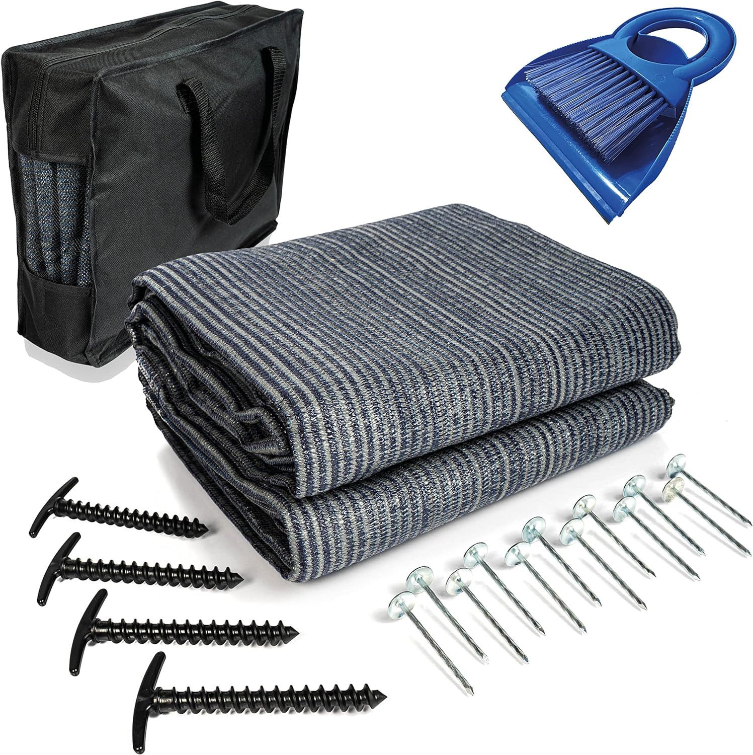 Mr Nomad Zeltteppiche Vorzeltteppich - hochwertiger 300 g/m² Softer Camping Teppich, inkl Tragetasche, T-Heringe, Stahlnägel & Kehrblech
