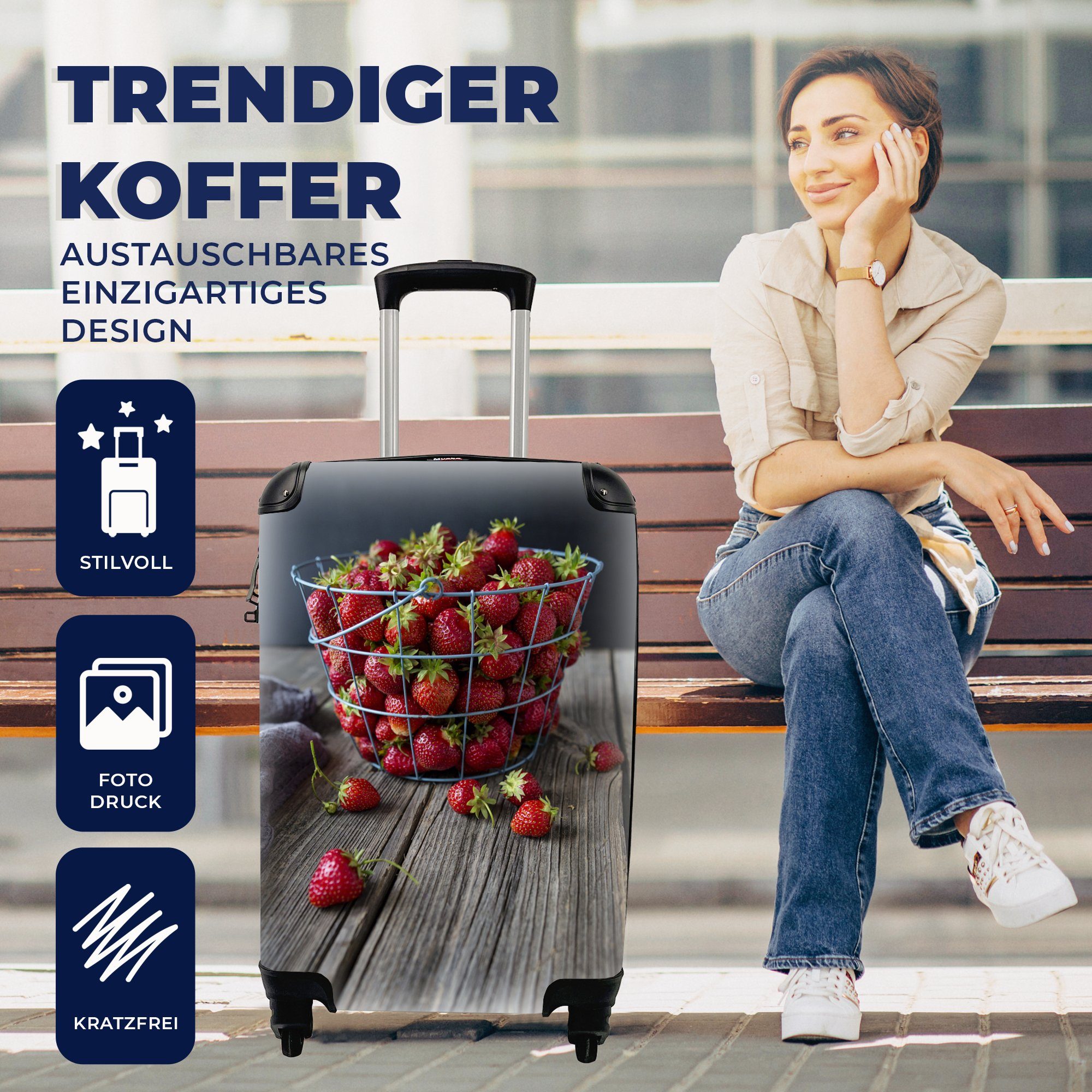 MuchoWow Handgepäckkoffer Erdbeere - Reisetasche 4 Trolley, Reisekoffer mit für Tisch, Handgepäck Ferien, Korb Rollen, - rollen