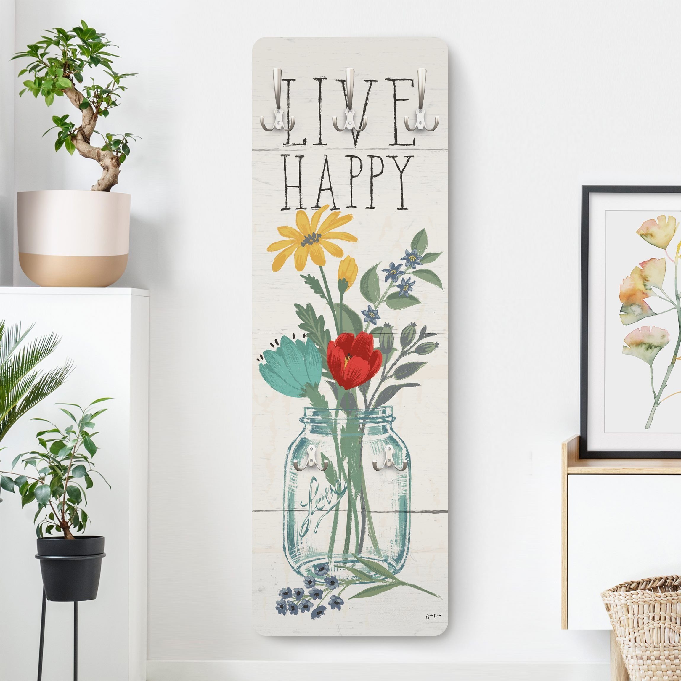 Bilderdepot24 Garderobenpaneel bunt Blumen Floral Live Happy - Blumenvase auf Holz Design (ausgefallenes Flur Wandpaneel mit Garderobenhaken Kleiderhaken hängend), moderne Wandgarderobe - Flurgarderobe im schmalen Hakenpaneel Design
