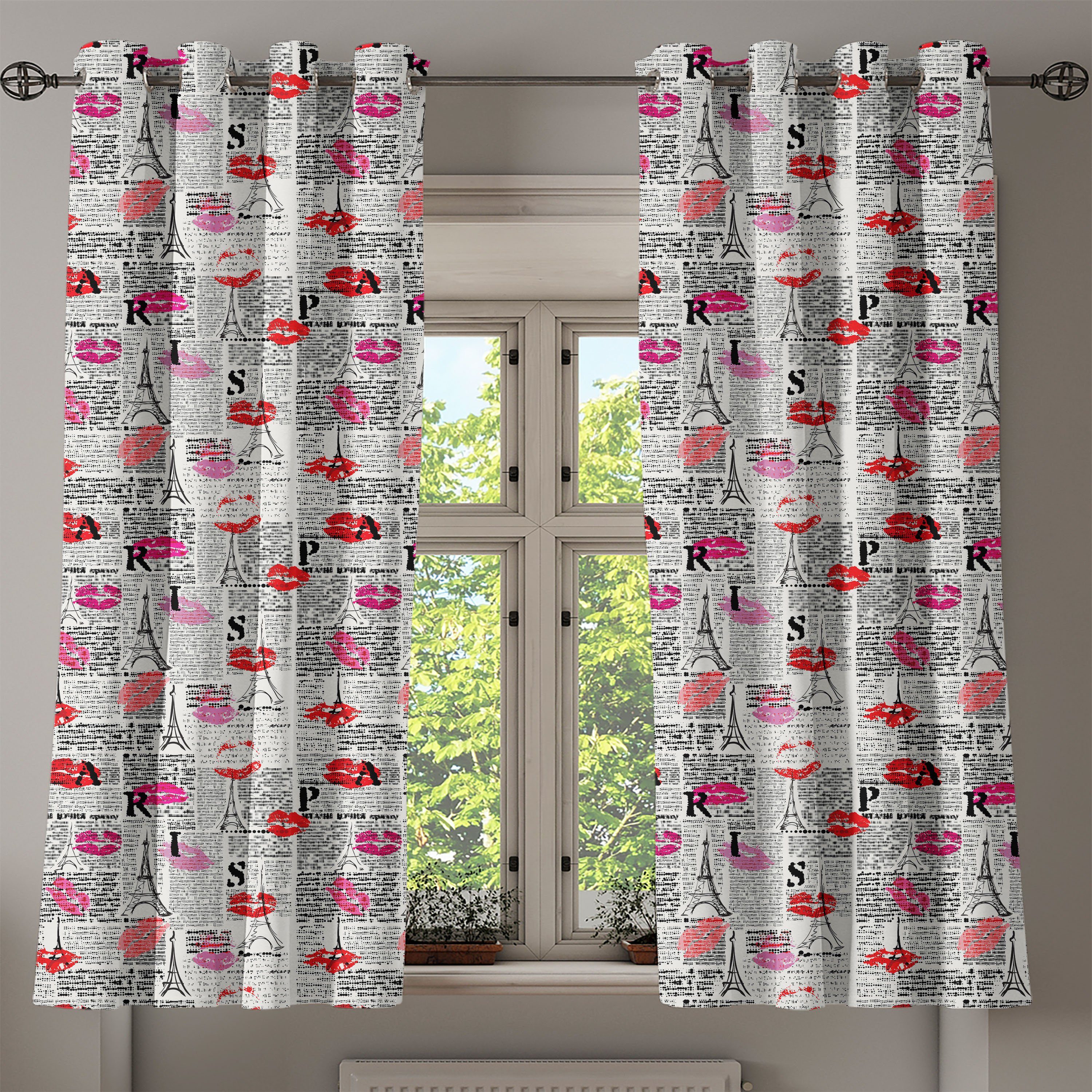 Paris Lippenstift-Kuss für Wohnzimmer, Abakuhaus, 2-Panel-Fenstervorhänge Dekorative Schlafzimmer Zeitung Gardine