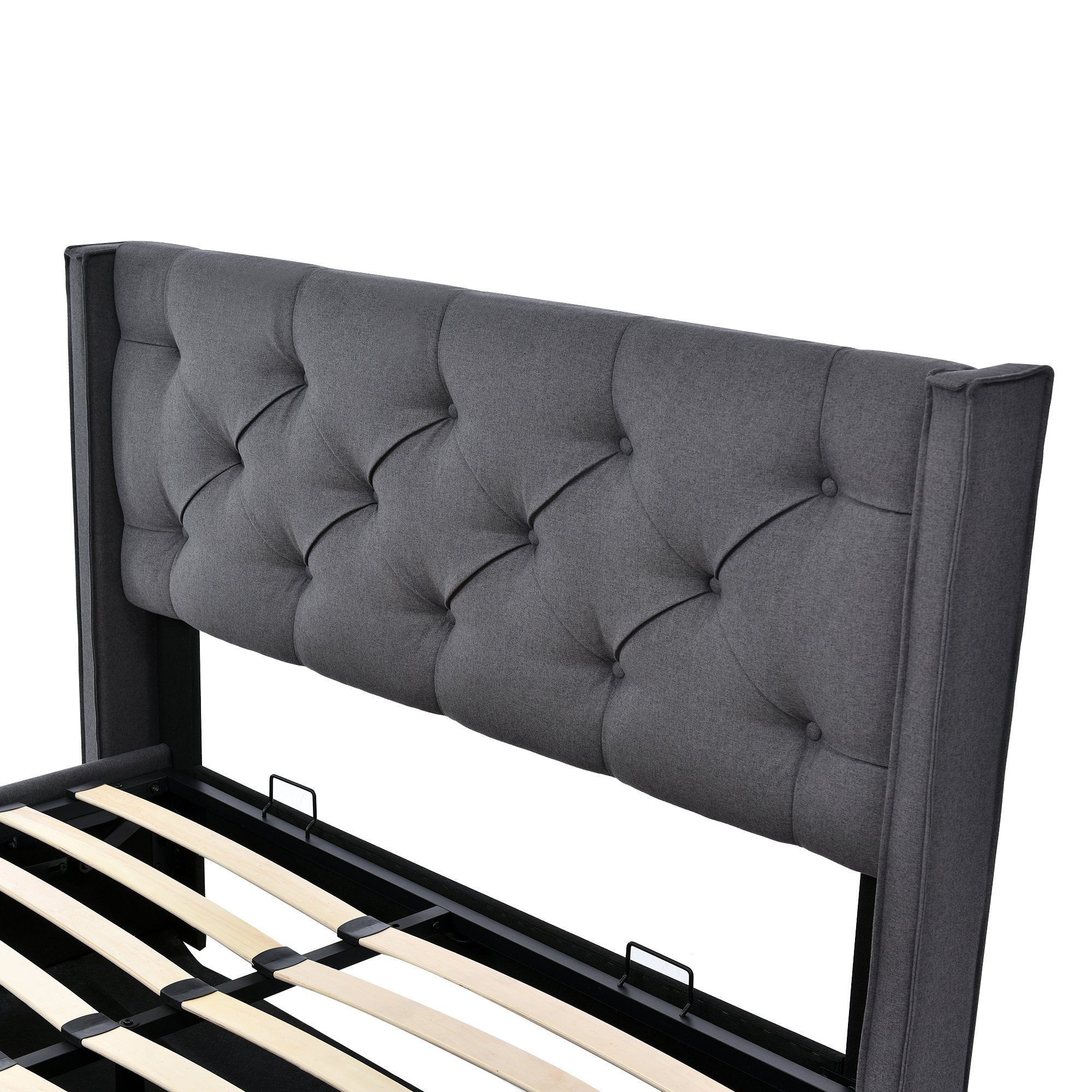 Boxspringbett (Polsterbett Doppelbett 160x200 cm mit edler Knopfheftung), Hydraulisches Funktionsbett mit Bettkasten und Lattenrost, Baumwolle