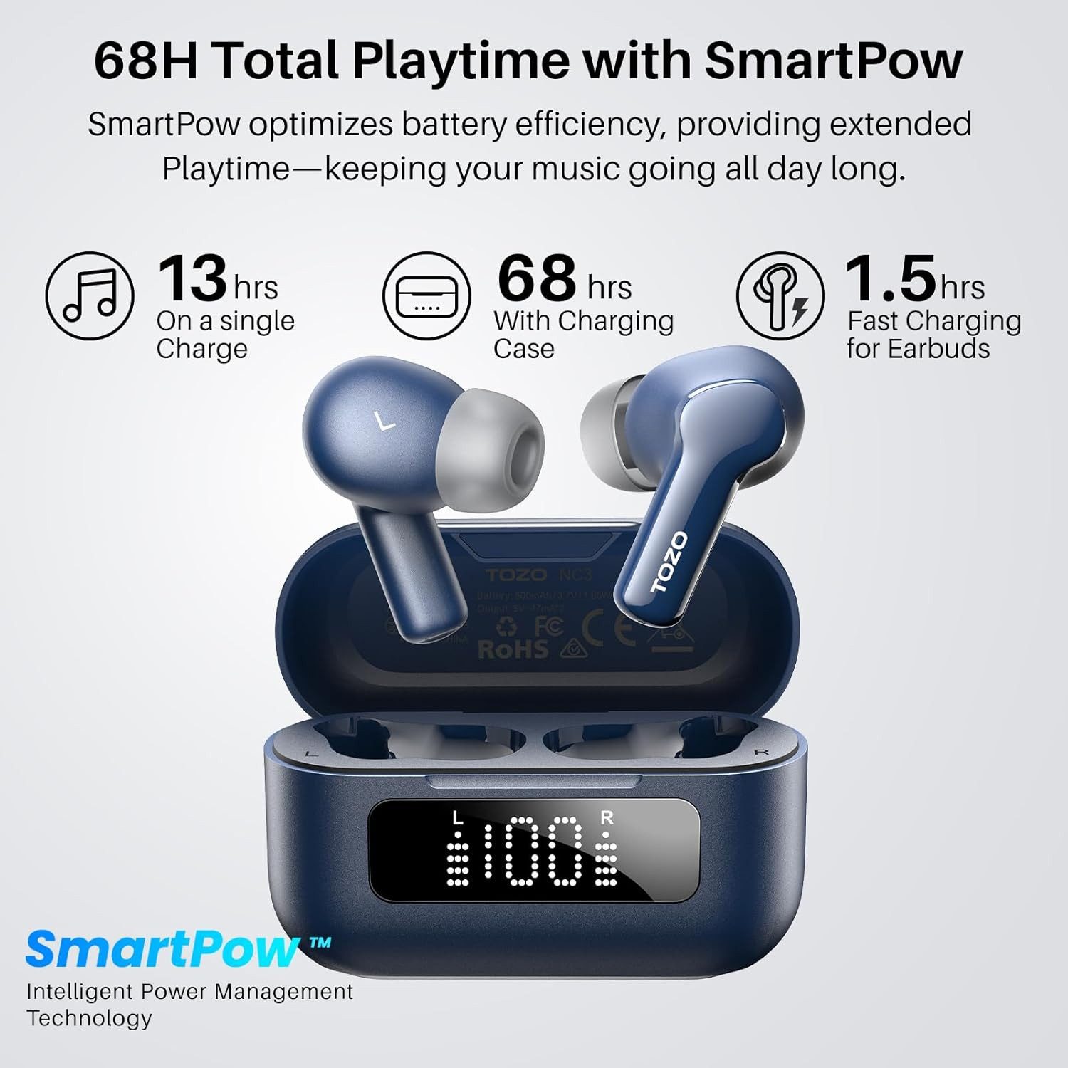 TOZO Hybrid ANC Kopfhörer mit 6 Mikrofonen & IPX8 Wasserschutz In-Ear-Kopfhörer (Bluetooth 5.3 und 12-mm-Treiber sorgen für satten Bass, klare Höhen und perfekt synchronisierte Audioübertragung., 68 Std. Akkulaufzeit, App-Steuerung & Digitalanzeige für klaren Sound)