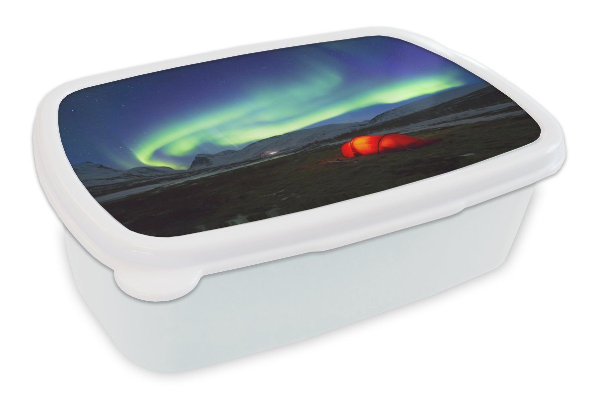 MuchoWow Lunchbox Nordlichter - Zelt - Schweden, Kunststoff, (2-tlg), Brotbox für Kinder und Erwachsene, Brotdose, für Jungs und Mädchen weiß