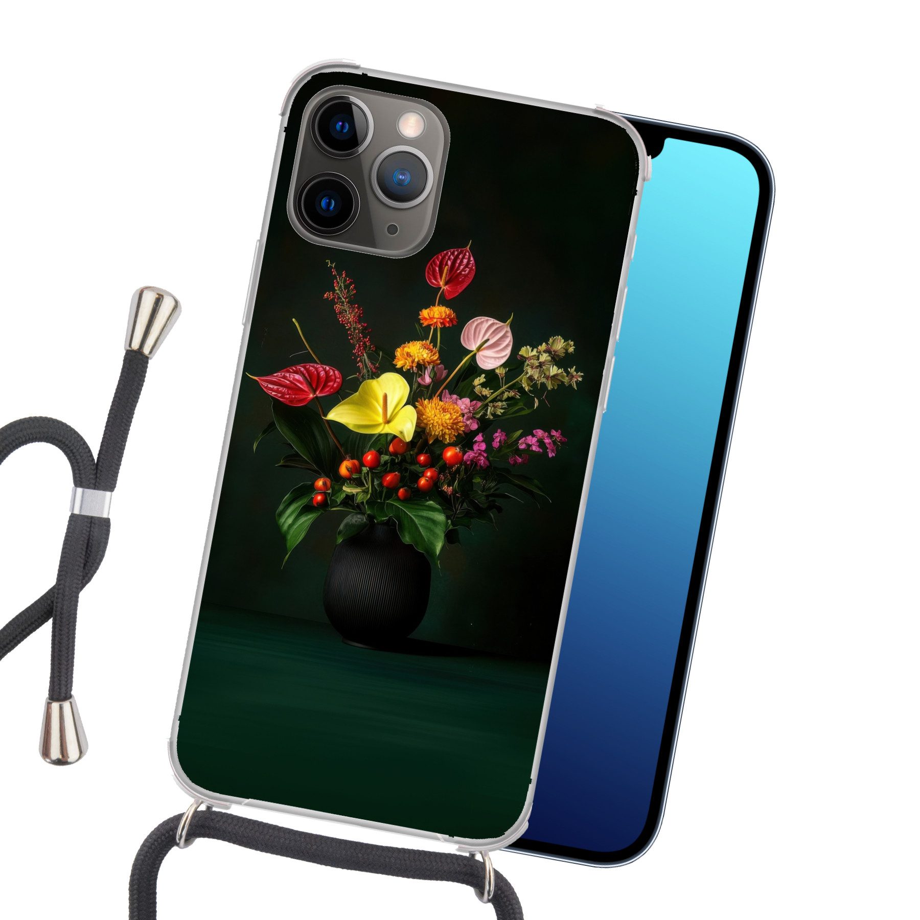 MuchoWow Handyhülle für Apple iPhone 13 Pro Max Blumen - Vase - Schwarz, Tragbare Handyhüllen mit Kette zum umhängen, Handykette Handyband
