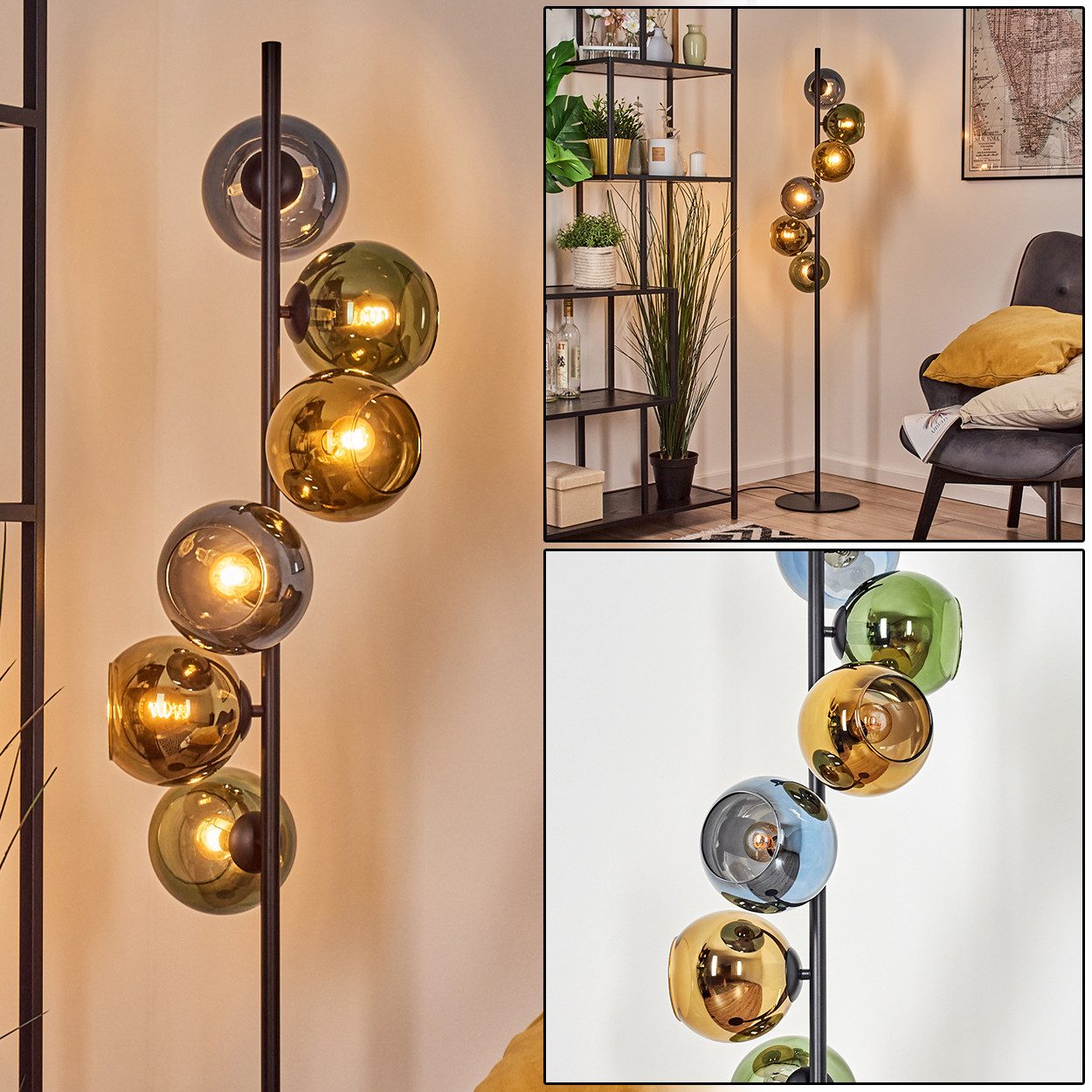 hofstein Stehlampe Stehlampe aus Metall/Glas in Schwarz/Blau/Grün/Gold, ohne Leuchtmittel, Stehleuchte im Retro/Vintage-Design, Fußschalter, 160 cm, 6 x E14