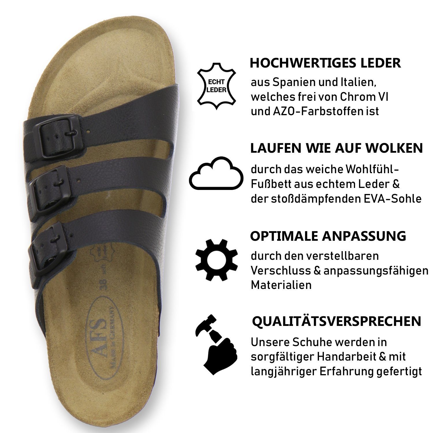 AFS-Schuhe 2133 schwarz Germany in mit aus Pantolette Made Fußbett, Leder Glattleder Damen für