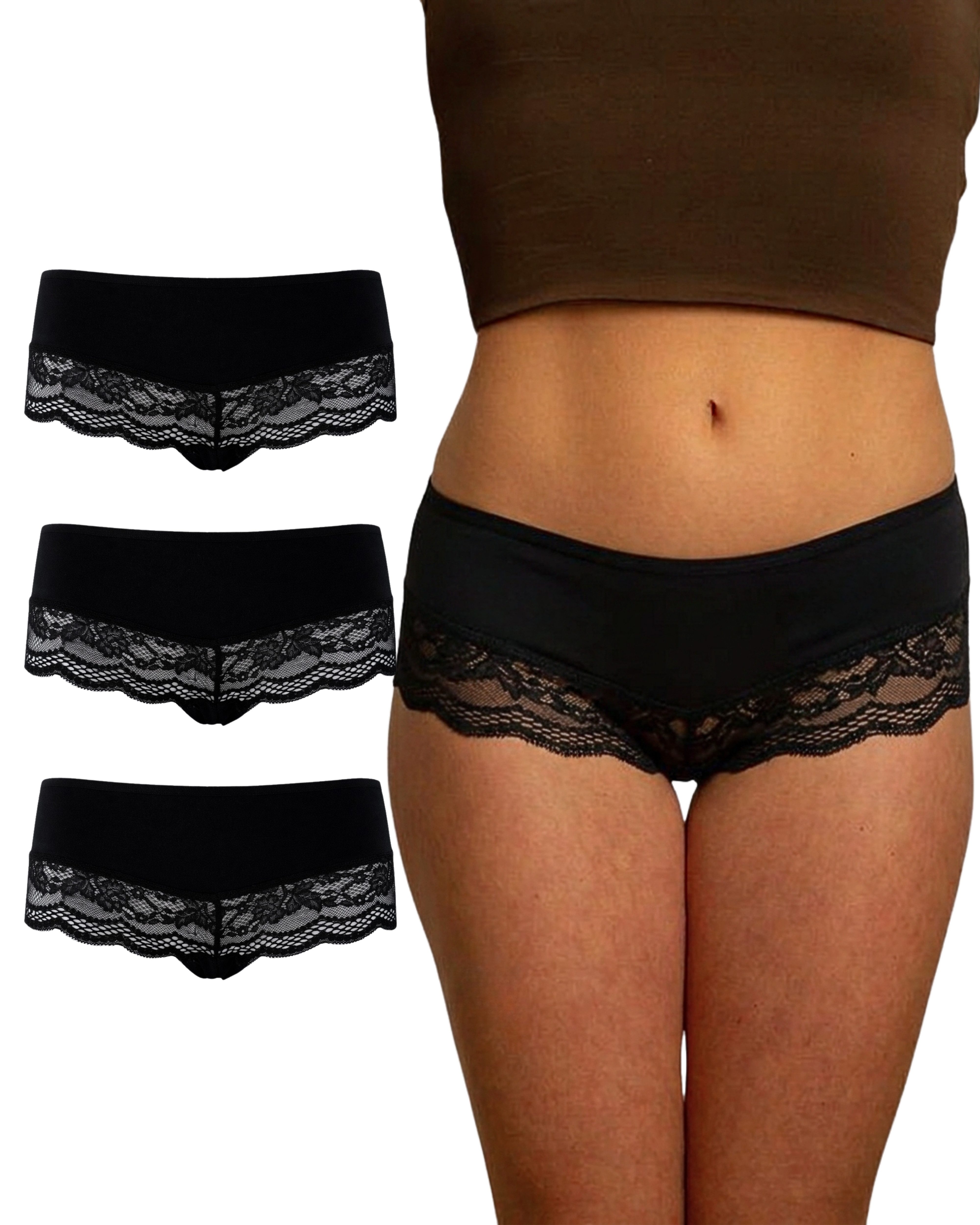 Benonetti Hipster Damen 3er Pack aus Baumwolle mit nahtloser Spitze (3er Set, 3er-Pack) Besondere Spitzen am Beinabschnitt