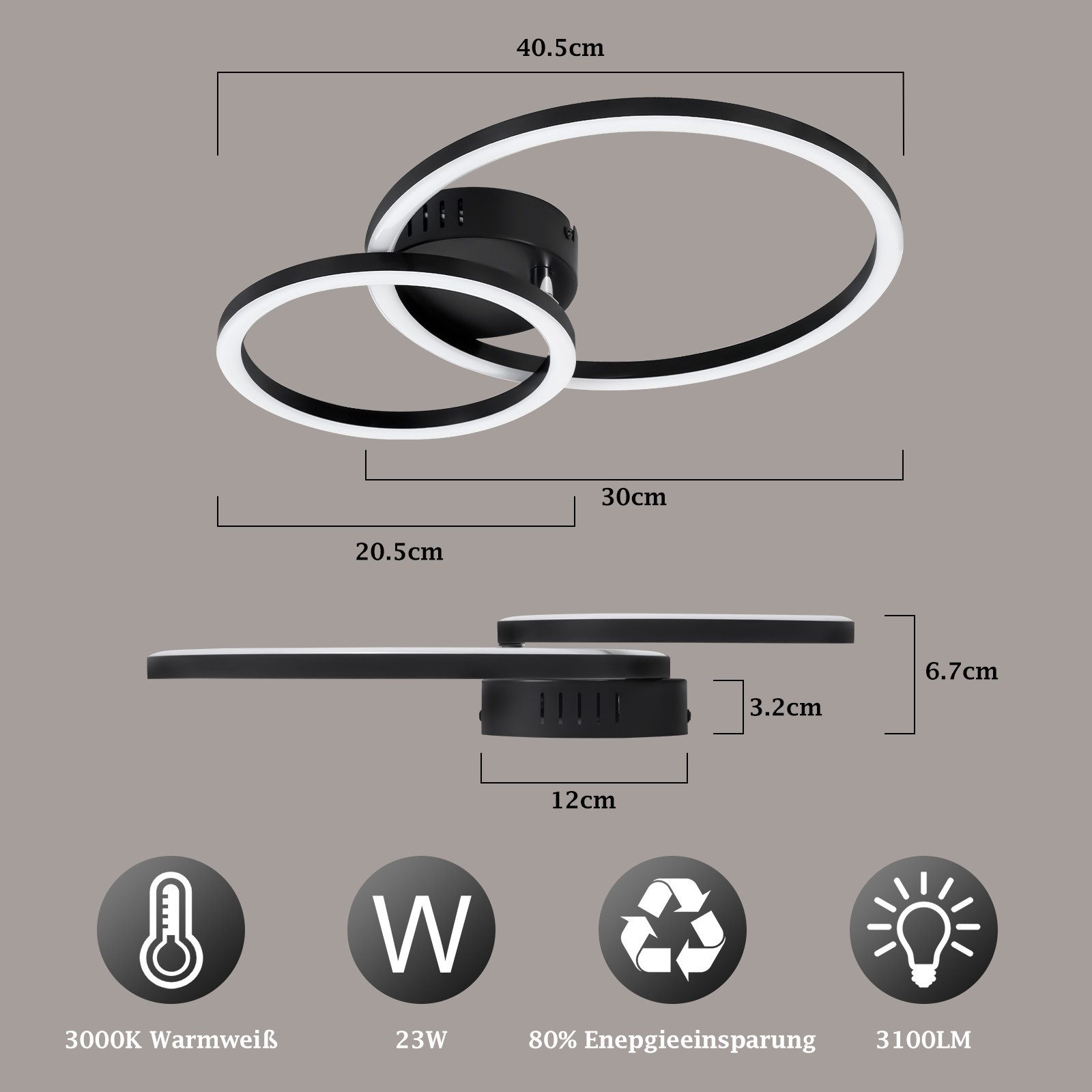 Nettlife LED Deckenleuchte Wohnzimmer 2 Ringe Schwarz/Weiß/Silber Modern 23W Deckenlampe 40.5CM, Nicht dimmbar, LED fest integriert, Warmweiß, für Wohnzimmer Schlafzimmer Flur Büro Balkon Küche