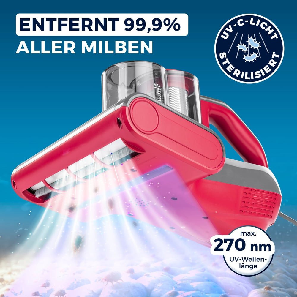 CLEANmaxx Matratzenreinigungsgerät Milbensauger Rotation Power mit UV-C-Licht & HEPA-Filter, 450 W, beutellos, Handstaubsauger für Matratzen, Ultraschall & Wärme