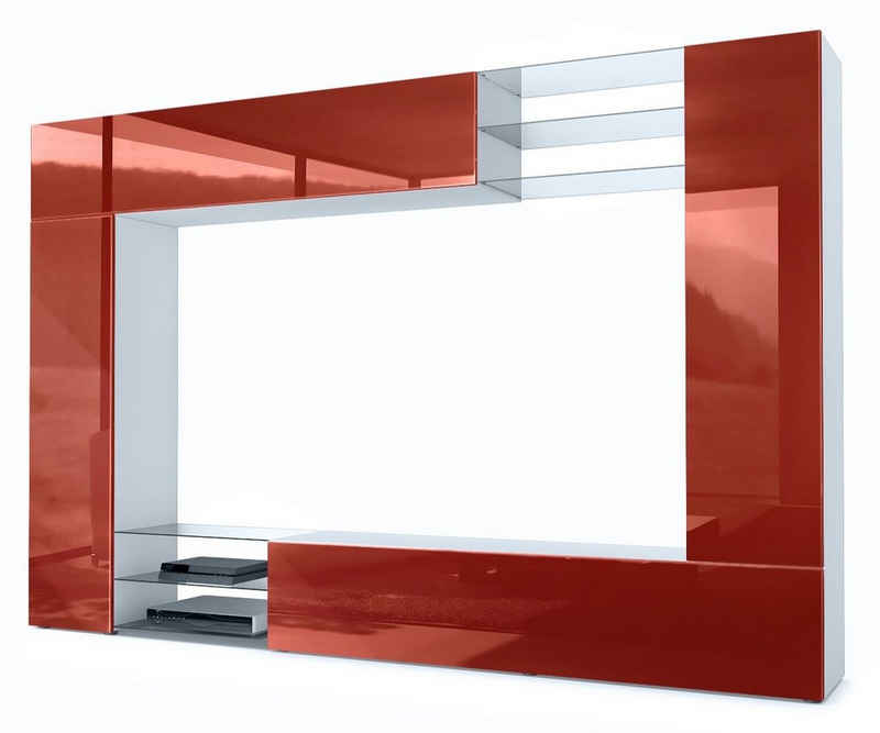 Vladon Wohnwand »Mirage«, (4-St), Anbauwand mit Rückwand mit 2 Türen, 2 Klappen und 6 offenen Glasablagen, Weiß matt/Bordeaux Hochglanz (262 x 183 x 39 cm)