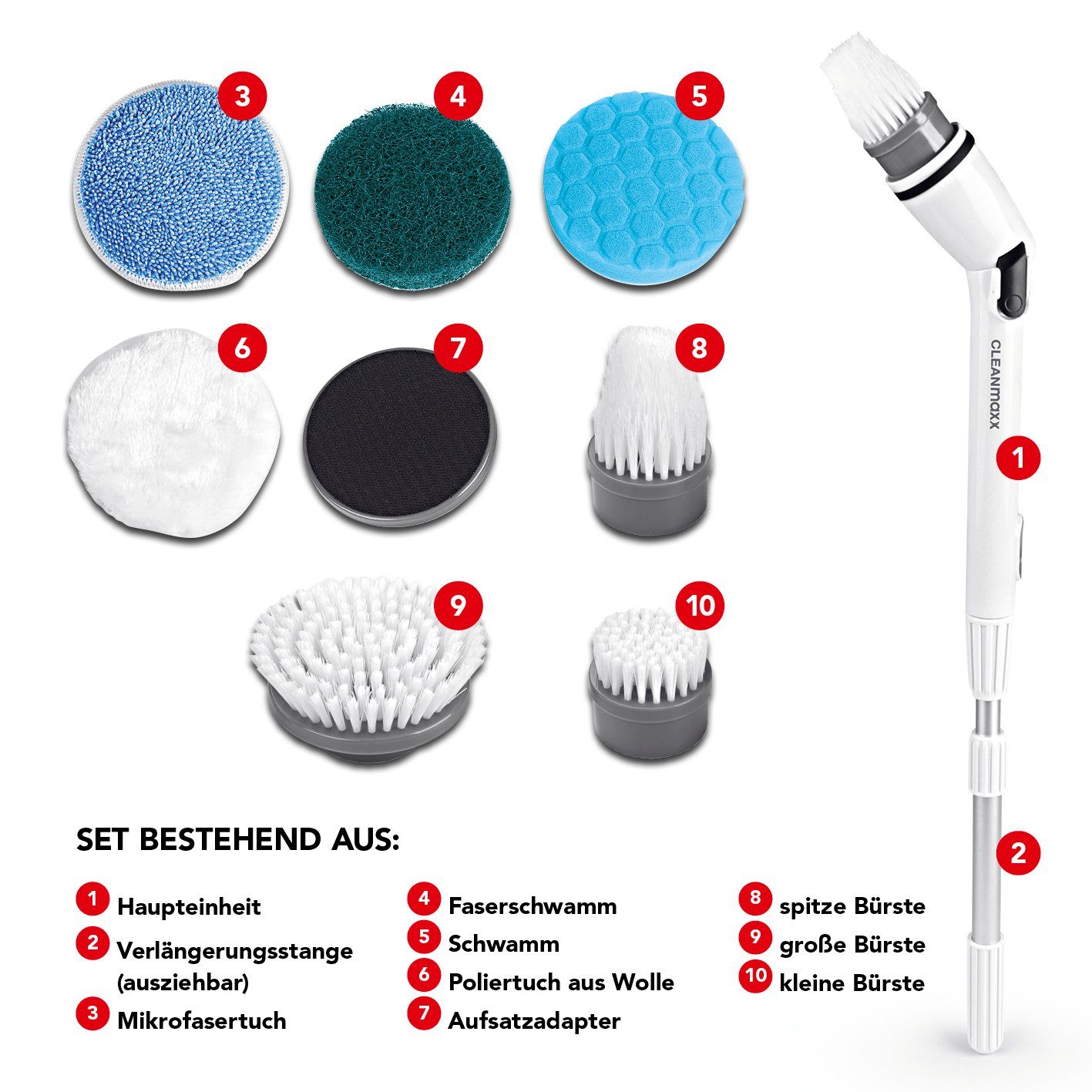 CLEANmaxx Akku-Oberflächenbürste In- & 7-tlg., Reinigungsbürsten Set Outdoor 7 Aufsätzen, reinigen Effektives