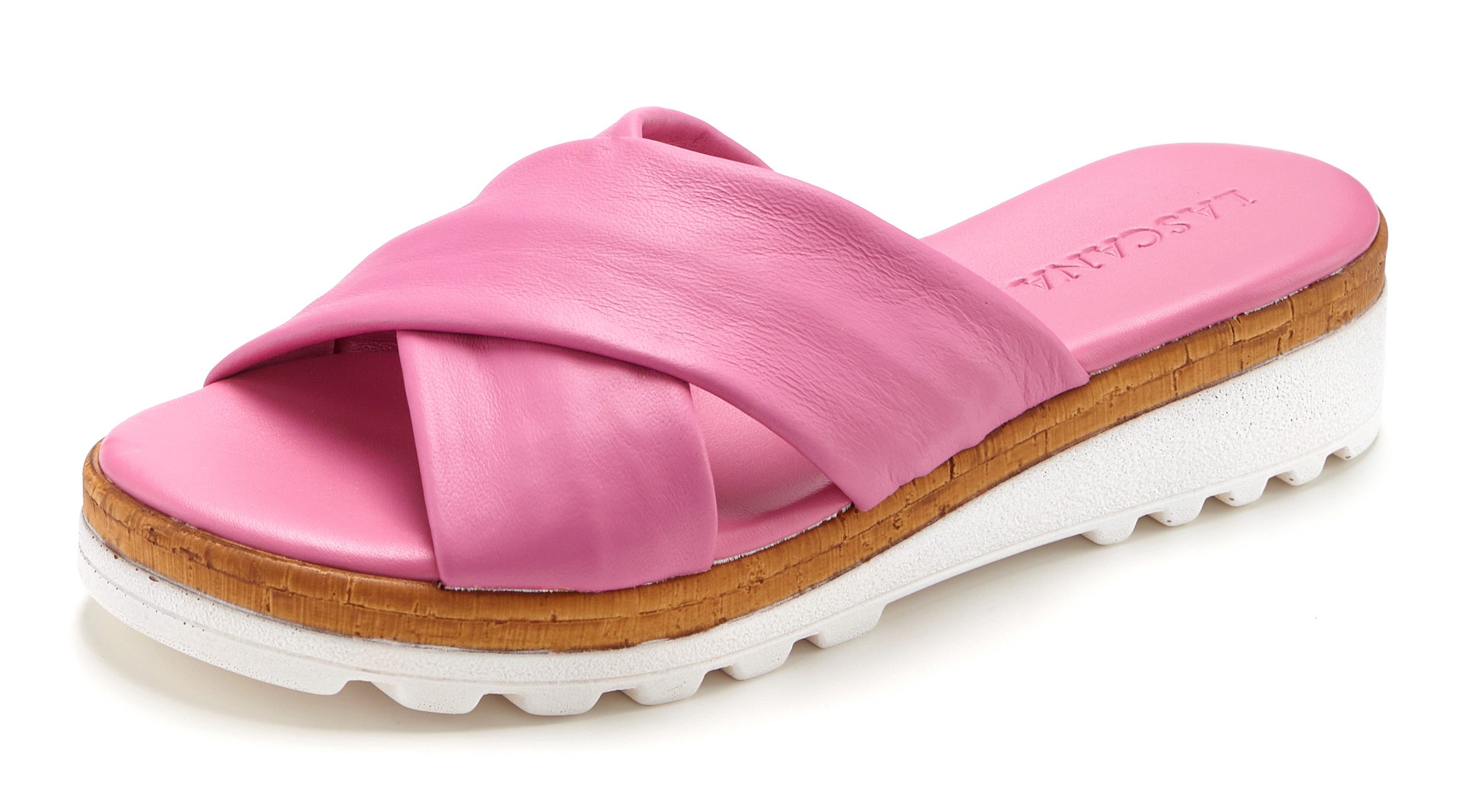 LASCANA Sandale, Sommerschuh, Mule, offener Schuh, Pantolette NEU aus Leder mit dezentem Keilabsatz