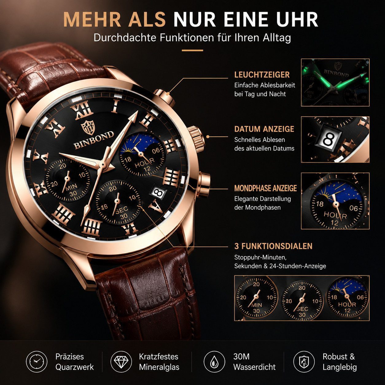 Fyrove Quarzuhr Herren Armbanduhr Quarz Chronograph mit Lederarmband Roségold 43mm, (Klassische Business Uhr, mit Mondphase, Datumsanzeige, Leuchtzeigern und 3ATM Wasserschutz), für Alltag und Freizeit