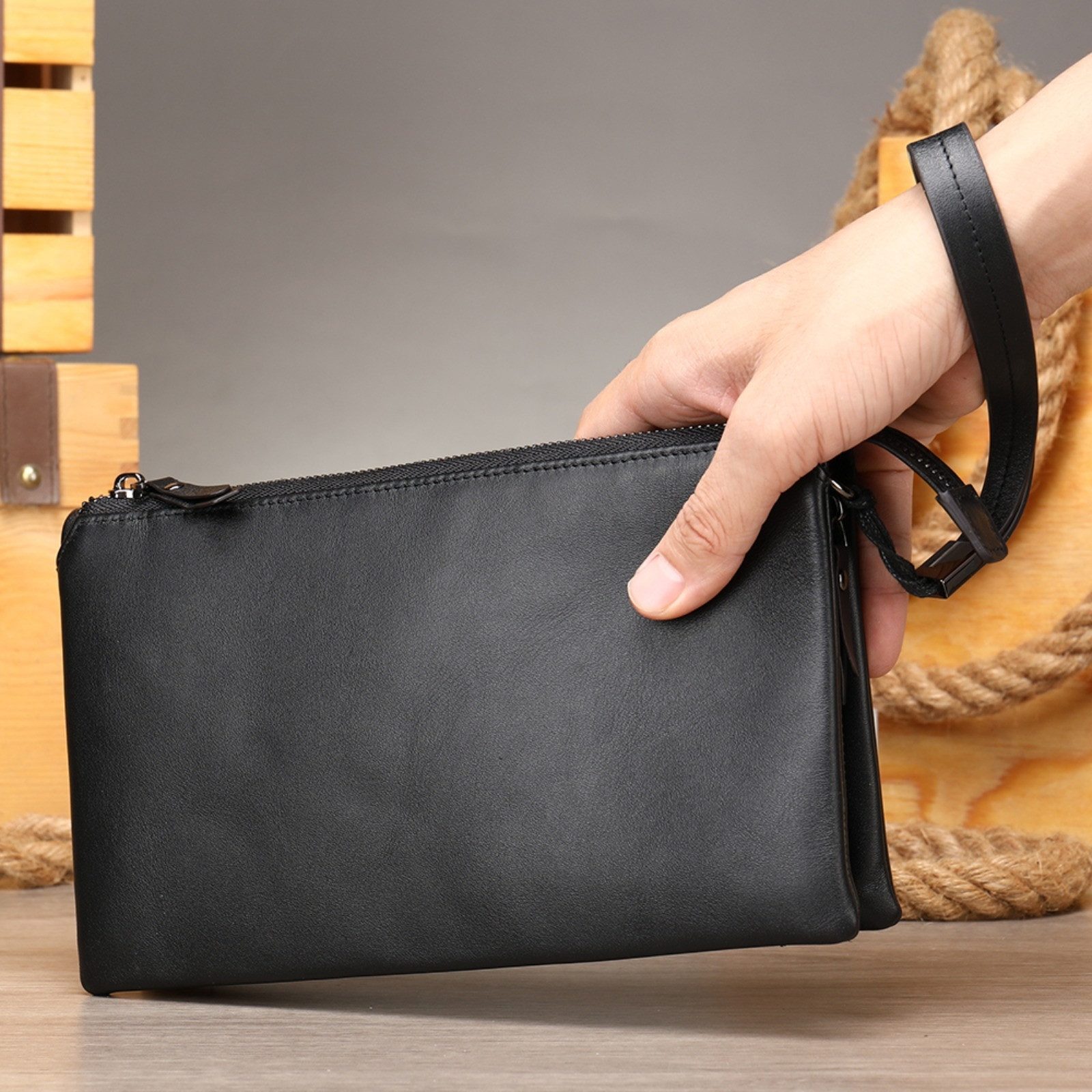 YUBRO-STUDIO Clutch Herren Leder Clutch Tasche Schwarz Wristlet Geldbörse Taschen