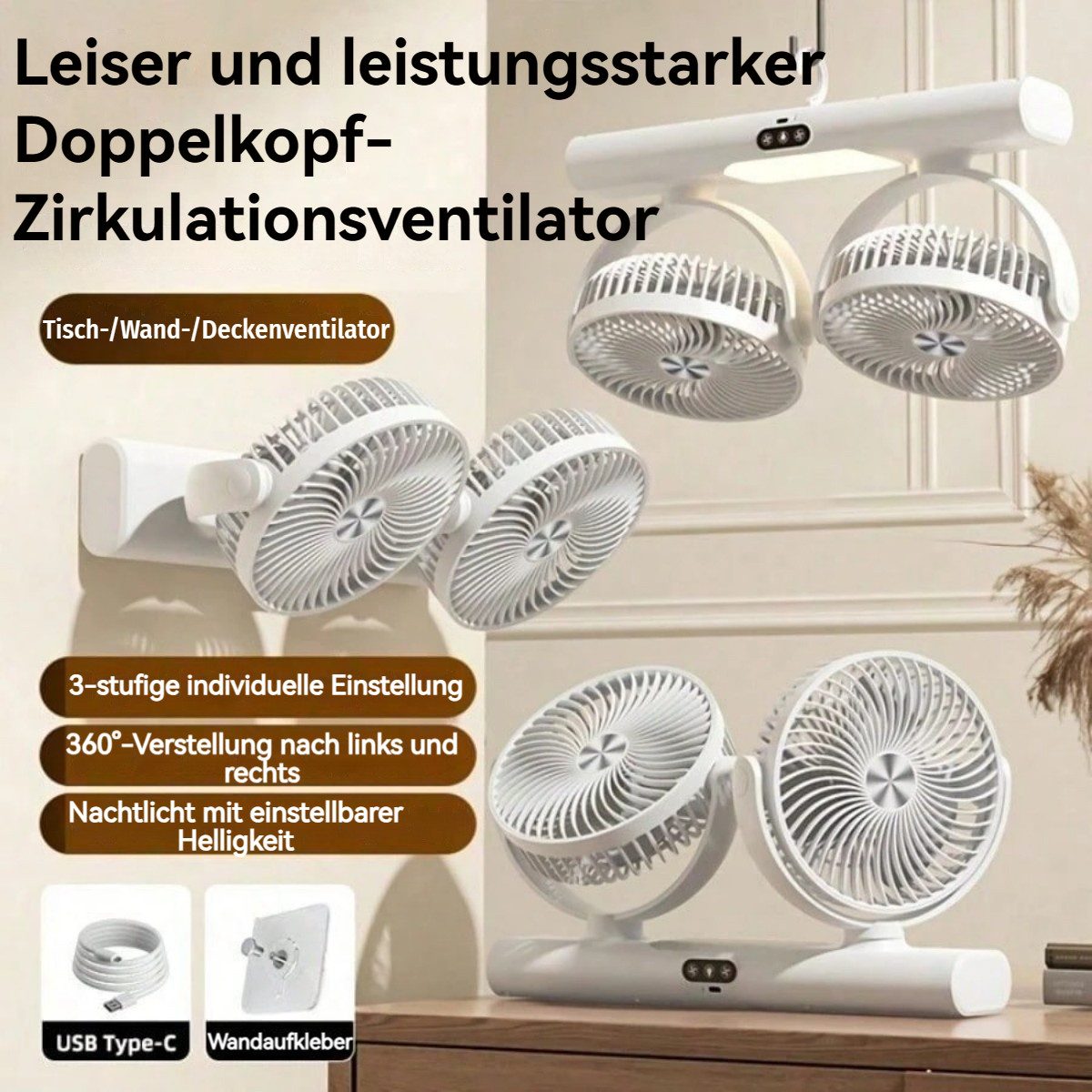 VIVIHEYDAY Akku-Ventilator Doppelkopf-Ventilator, wiederaufladbarer USB-Ventilator mit licht, & Haken, 360° drehbar, Auto-Luftzirkulator für Zuhause, Camping